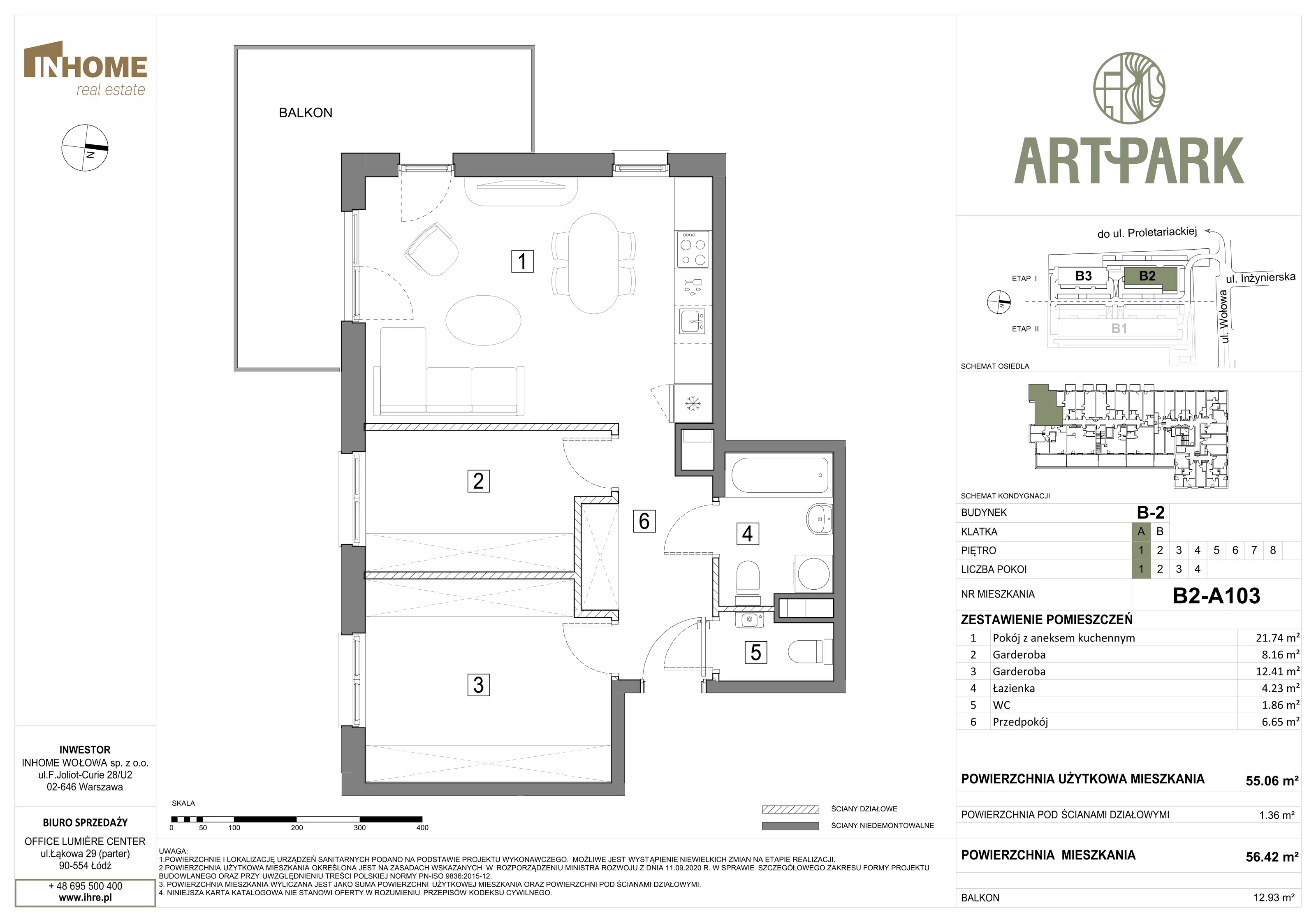 3 pokoje, mieszkanie 56,50 m², piętro 1, oferta nr B2/A103, ArtPark, Łódź, Polesie, ul. Wołowa