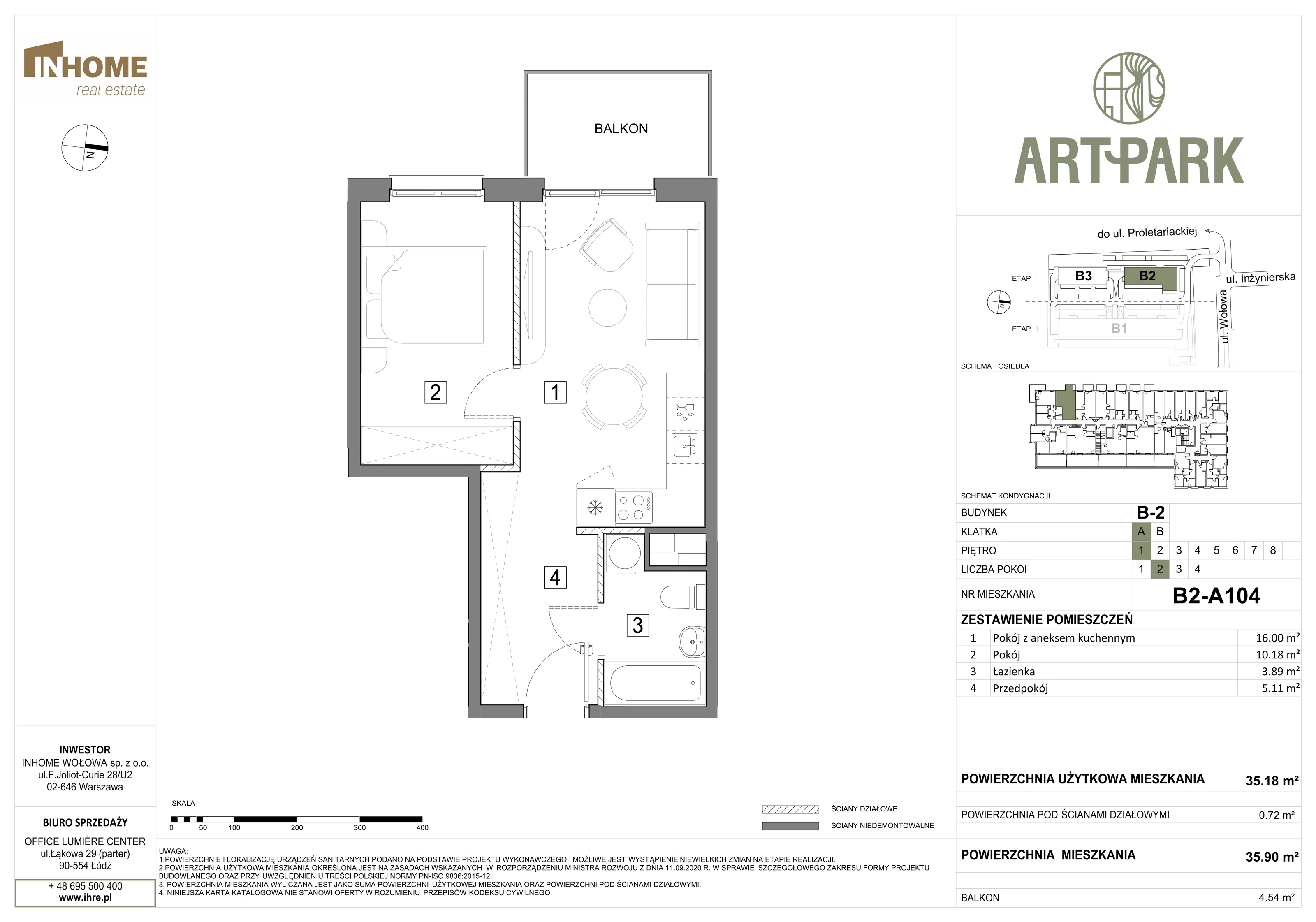 2 pokoje, mieszkanie 35,93 m², piętro 1, oferta nr B2/A104, ArtPark, Łódź, Polesie, ul. Wołowa