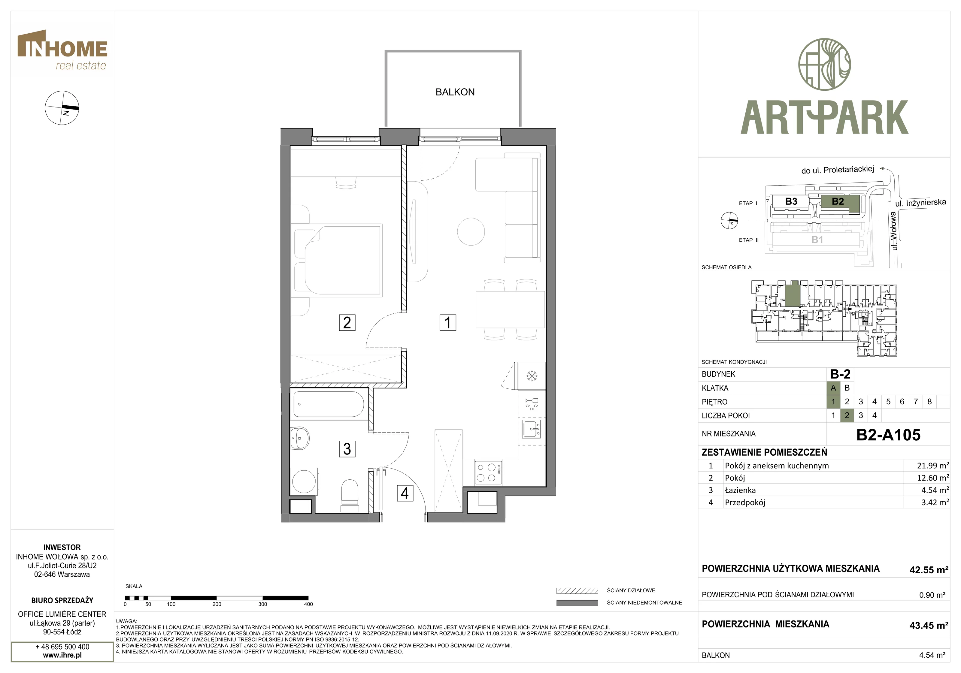2 pokoje, mieszkanie 43,48 m², piętro 1, oferta nr B2/A105, ArtPark, Łódź, Polesie, ul. Wołowa