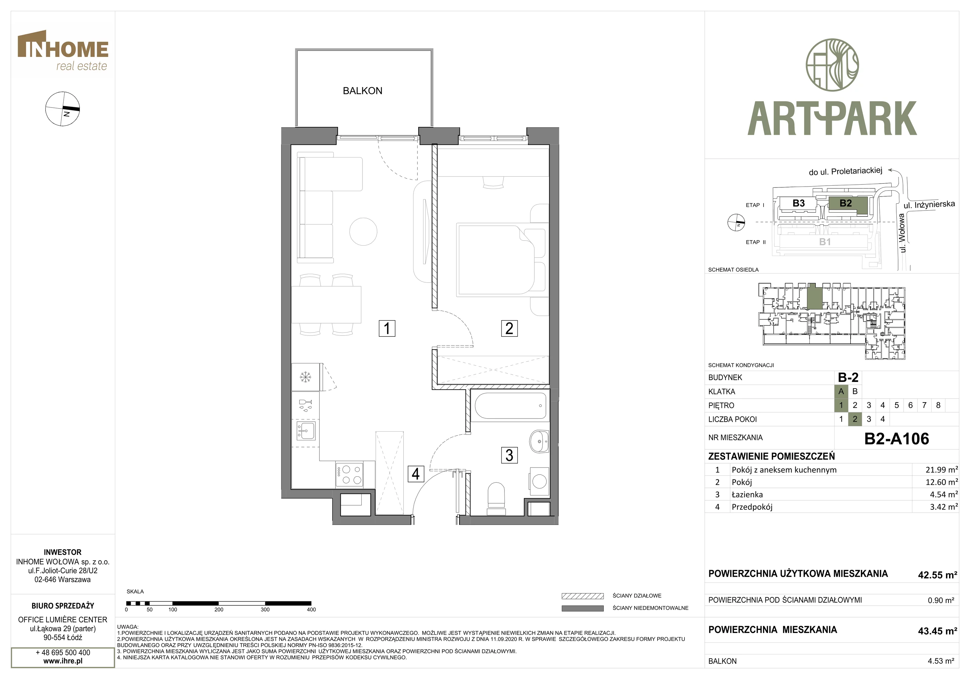 2 pokoje, mieszkanie 43,48 m², piętro 1, oferta nr B2/A106, ArtPark, Łódź, Polesie, ul. Wołowa
