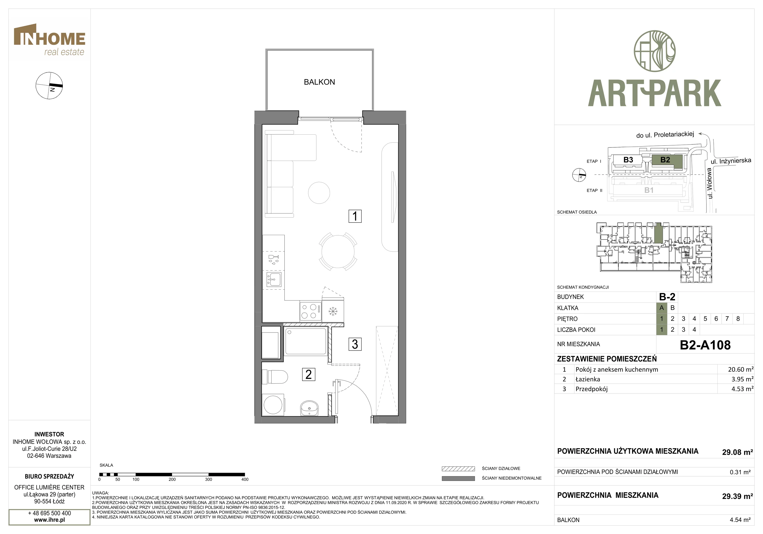 1 pokój, mieszkanie 29,41 m², piętro 1, oferta nr B2/A108, ArtPark, Łódź, Polesie, ul. Wołowa