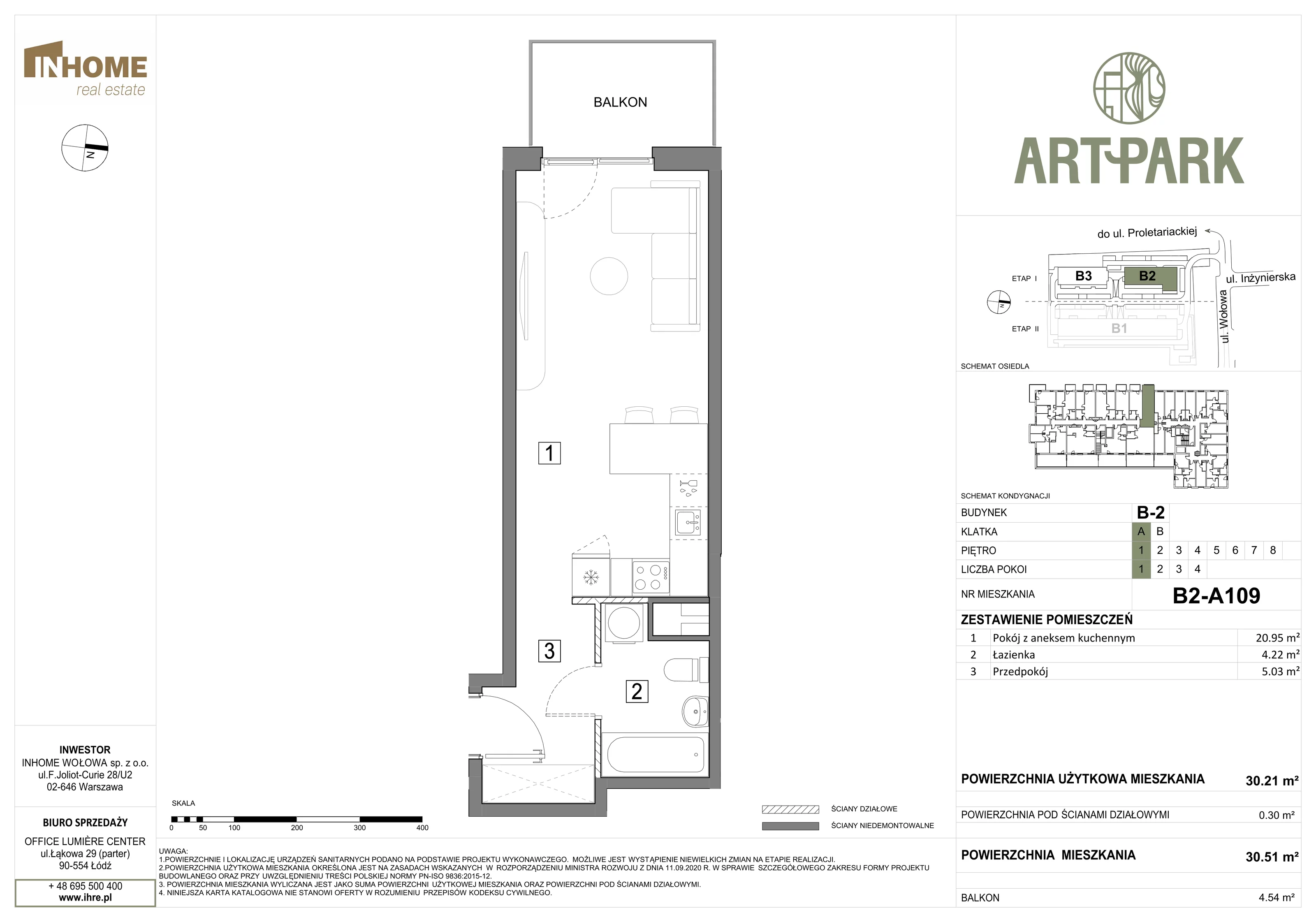 1 pokój, mieszkanie 30,51 m², piętro 1, oferta nr B2/A109, ArtPark, Łódź, Polesie, ul. Wołowa