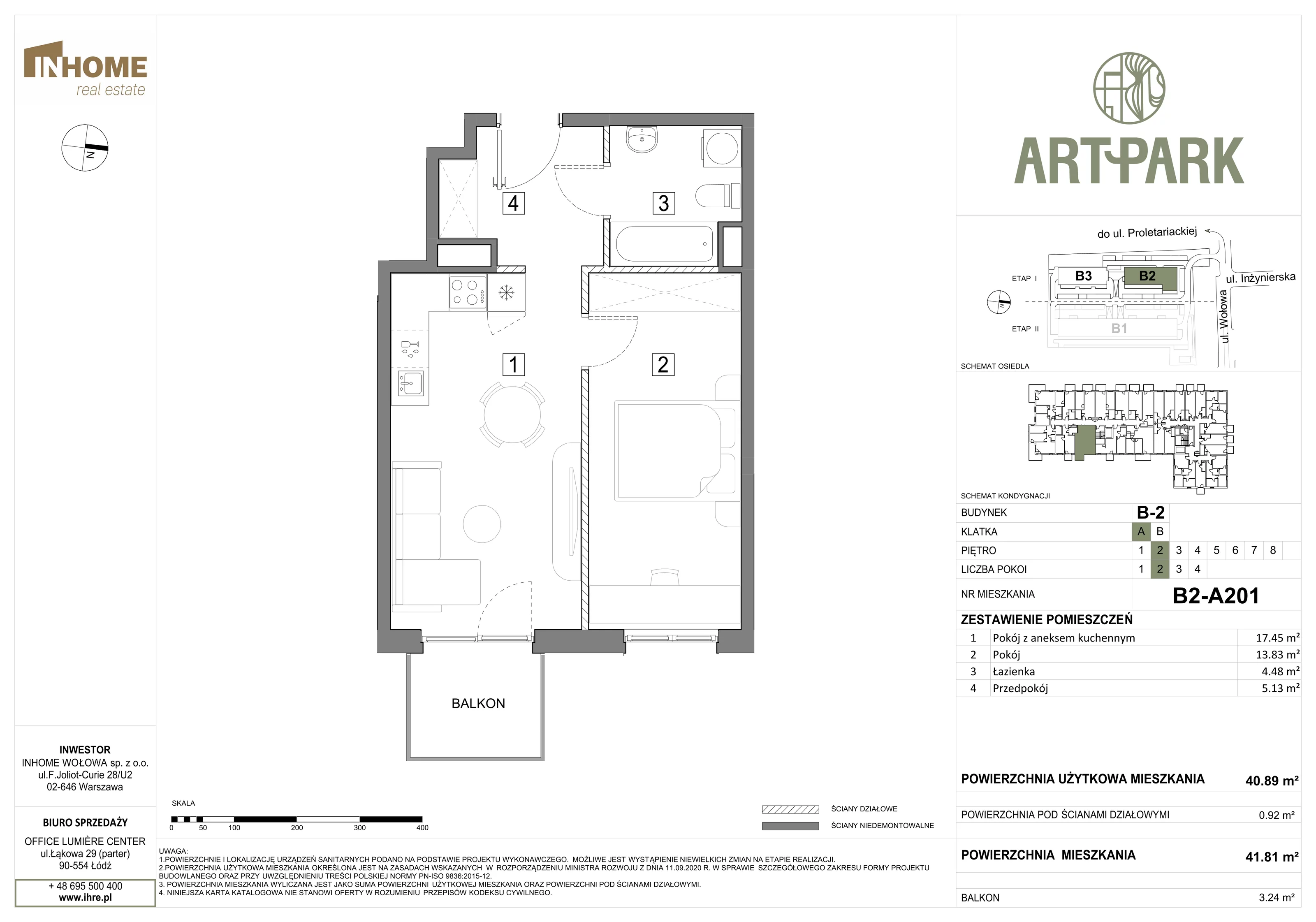 2 pokoje, mieszkanie 41,79 m², piętro 2, oferta nr B2/A201, ArtPark, Łódź, Polesie, ul. Wołowa