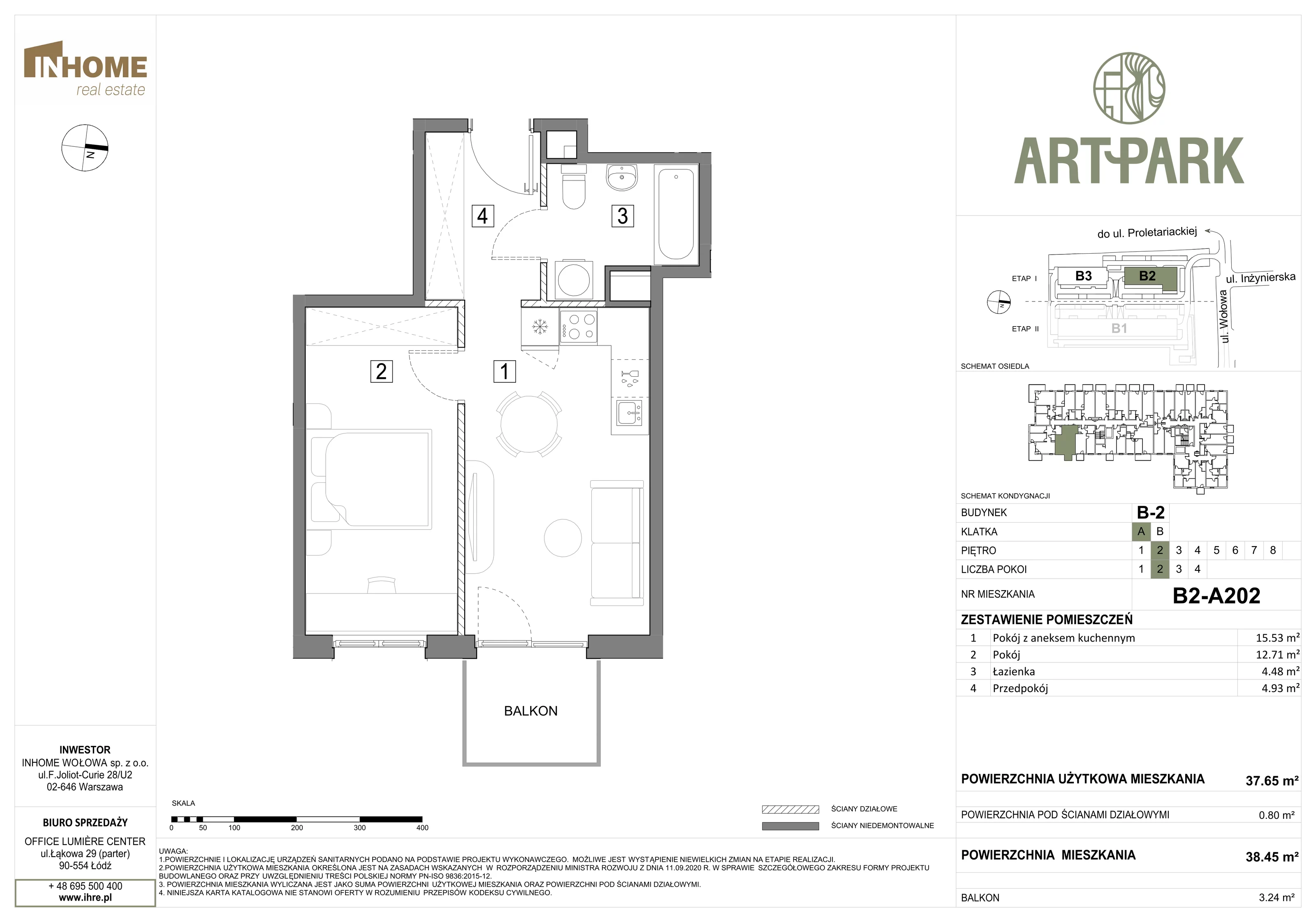2 pokoje, mieszkanie 38,45 m², piętro 2, oferta nr B2/A202, ArtPark, Łódź, Polesie, ul. Wołowa
