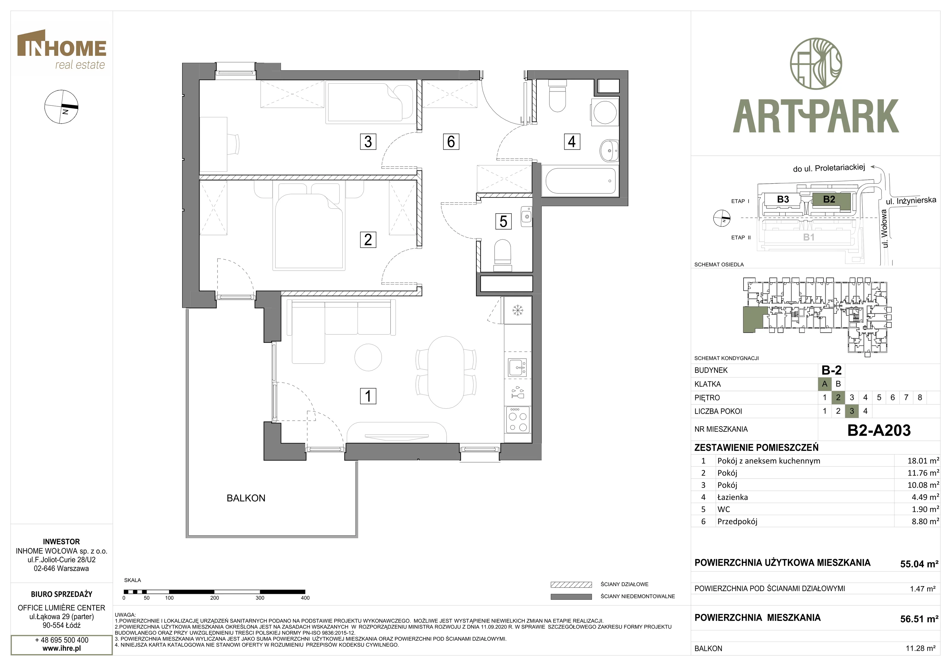 3 pokoje, mieszkanie 56,49 m², piętro 2, oferta nr B2/A203, ArtPark, Łódź, Polesie, ul. Wołowa