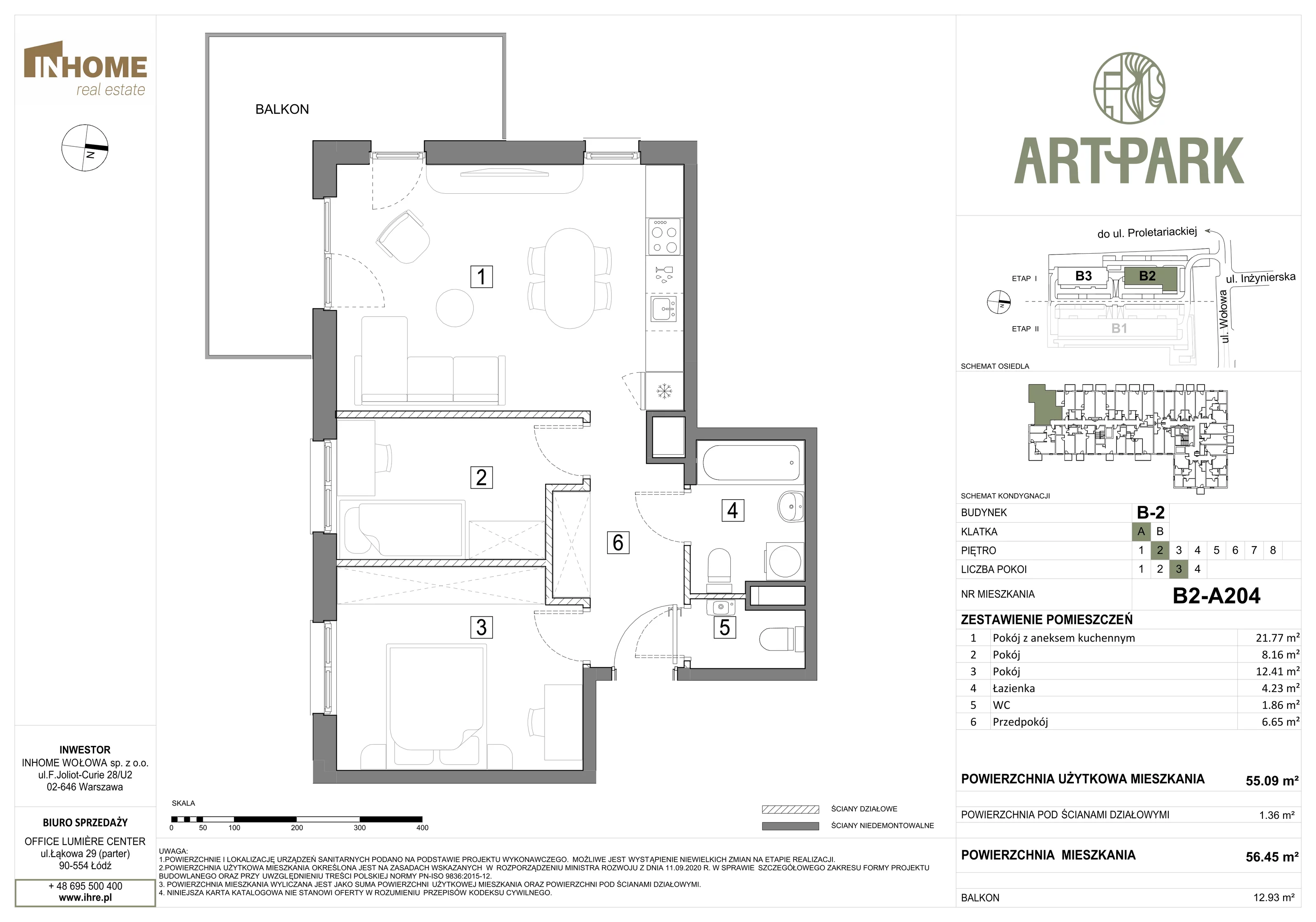 3 pokoje, mieszkanie 56,50 m², piętro 2, oferta nr B2/A204, ArtPark, Łódź, Polesie, ul. Wołowa