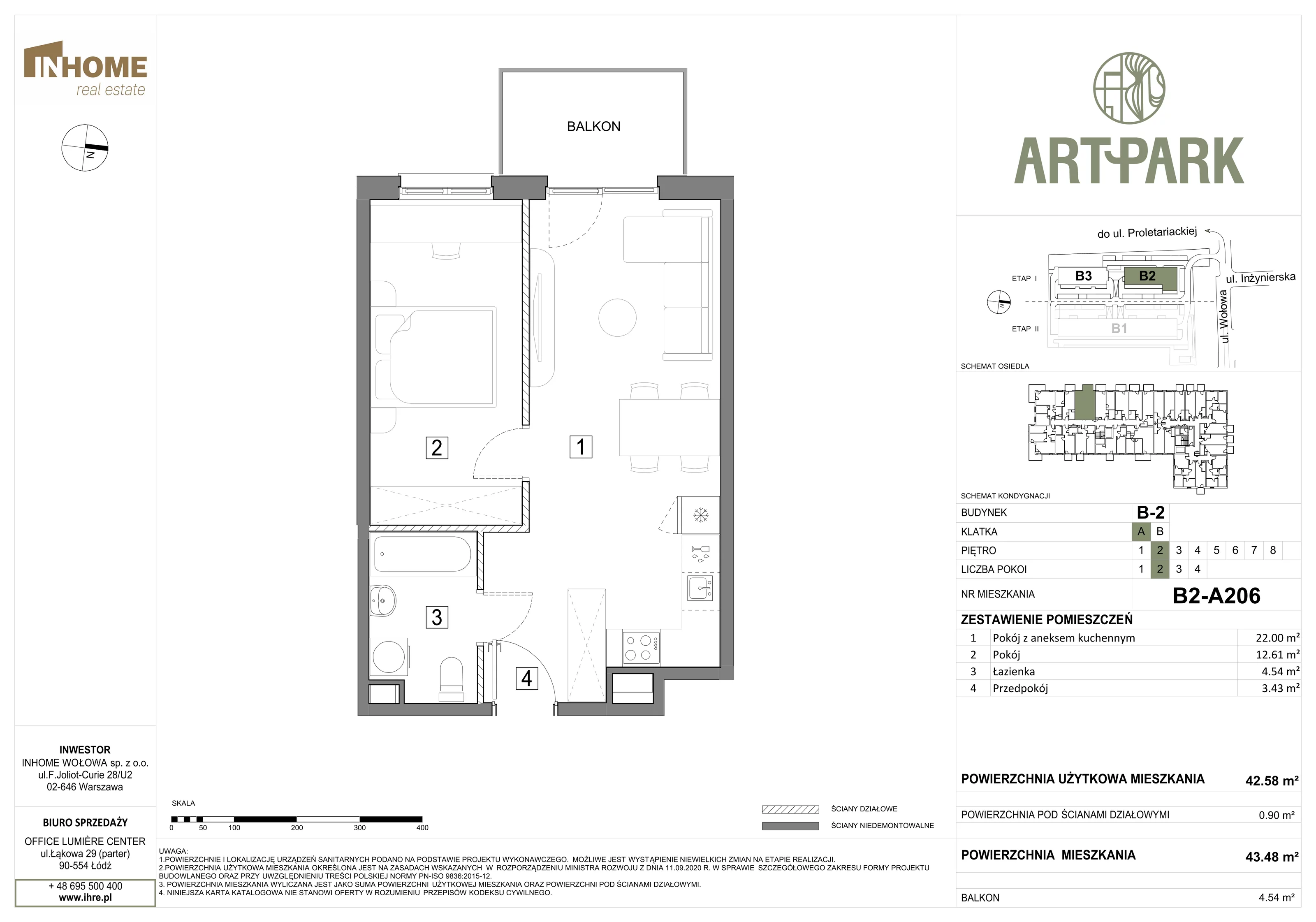 2 pokoje, mieszkanie 43,48 m², piętro 2, oferta nr B2/A206, ArtPark, Łódź, Polesie, ul. Wołowa