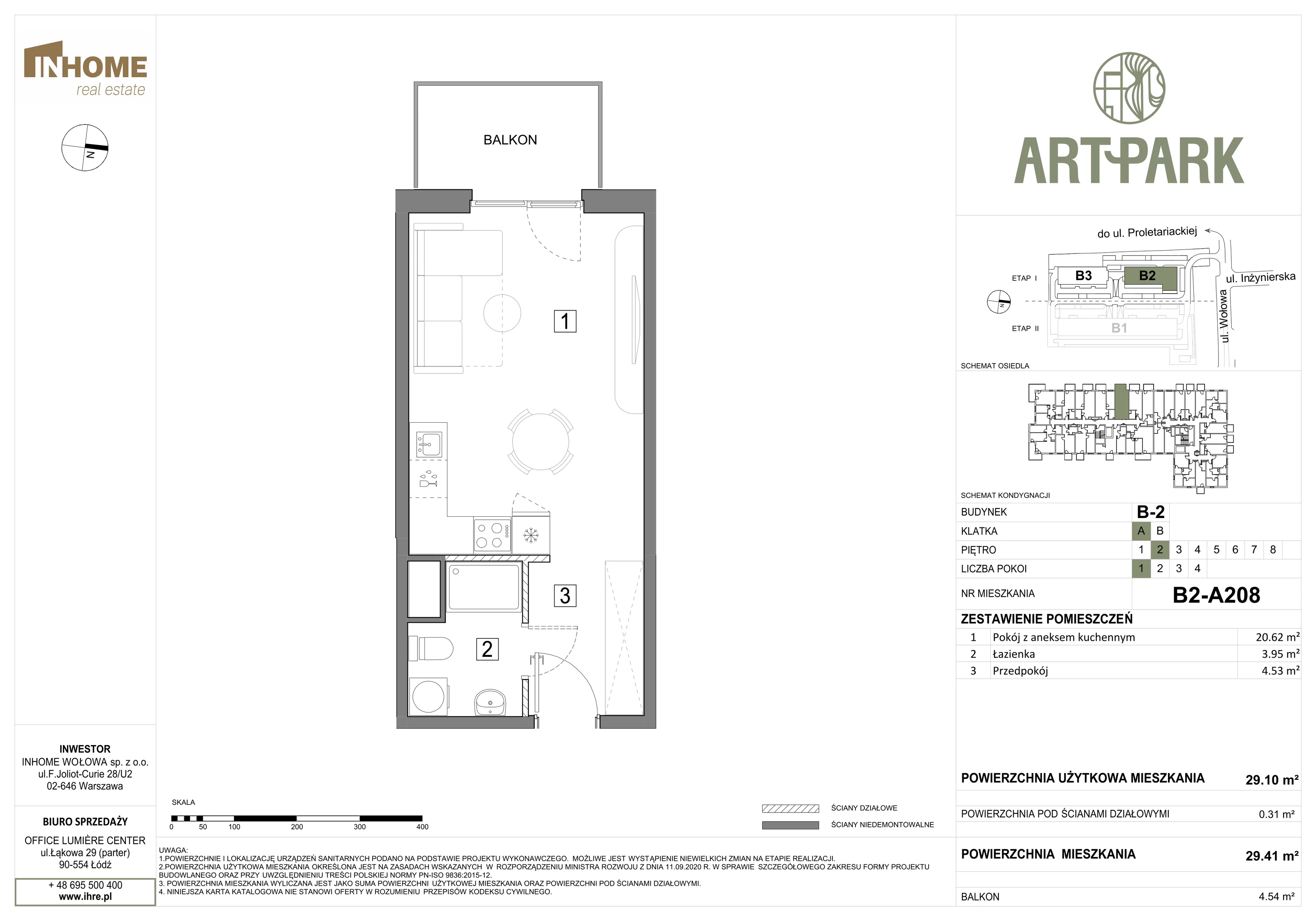 1 pokój, mieszkanie 29,41 m², piętro 2, oferta nr B2/A208, ArtPark, Łódź, Polesie, ul. Wołowa