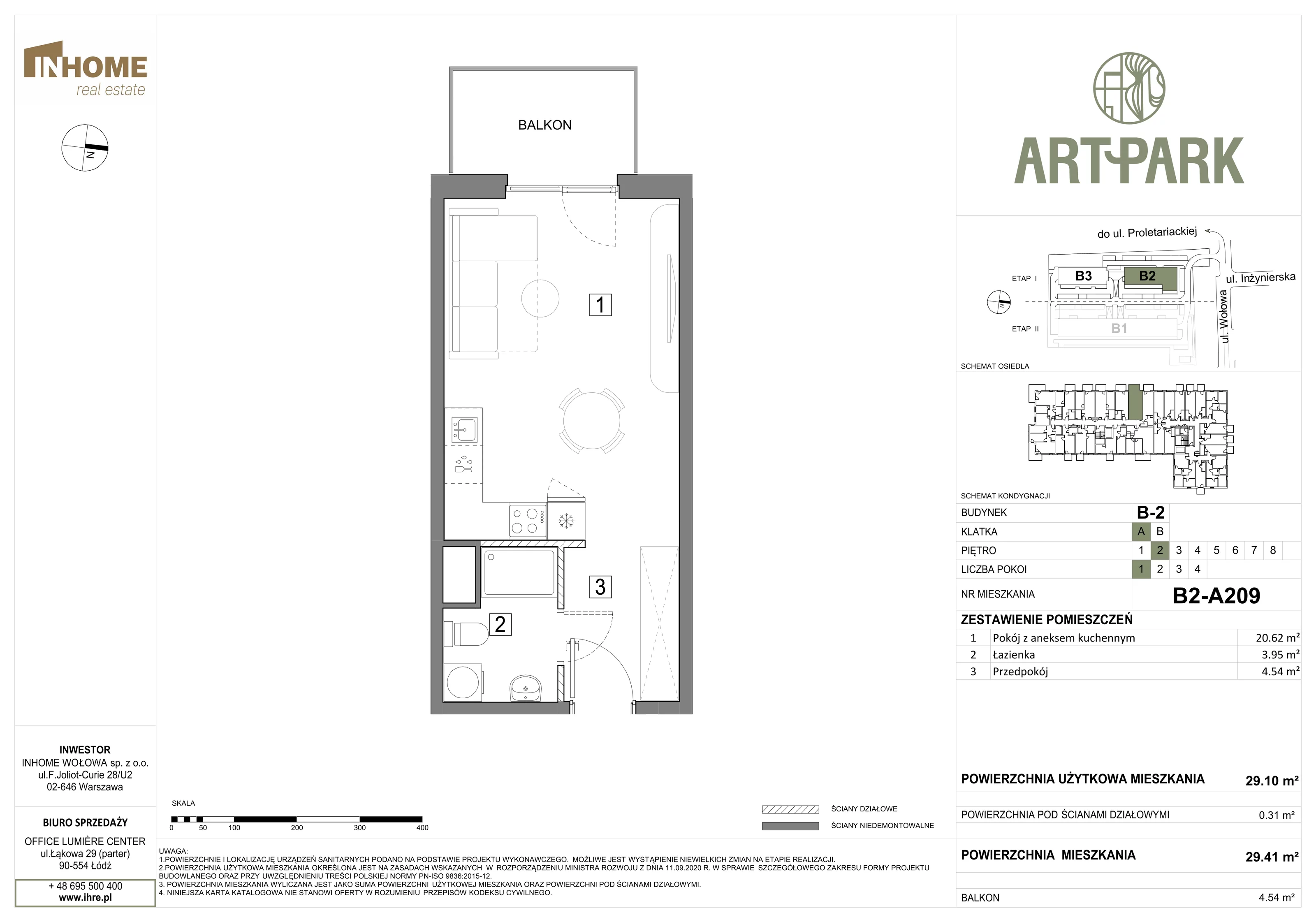 1 pokój, mieszkanie 29,41 m², piętro 2, oferta nr B2/A209, ArtPark, Łódź, Polesie, ul. Wołowa