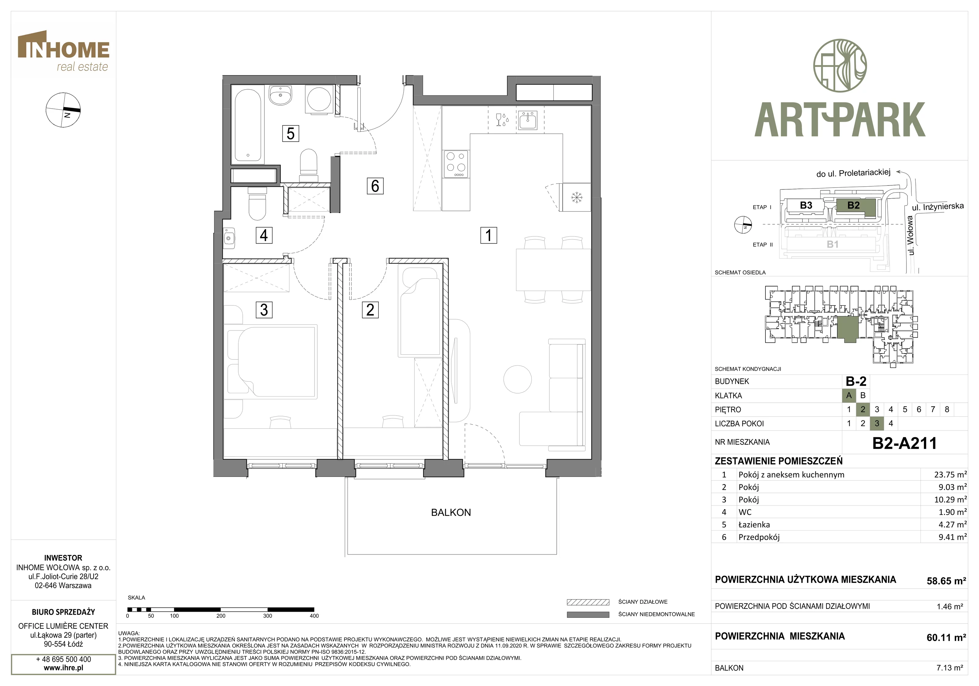 3 pokoje, mieszkanie 60,11 m², piętro 2, oferta nr B2/A211, ArtPark, Łódź, Polesie, ul. Wołowa