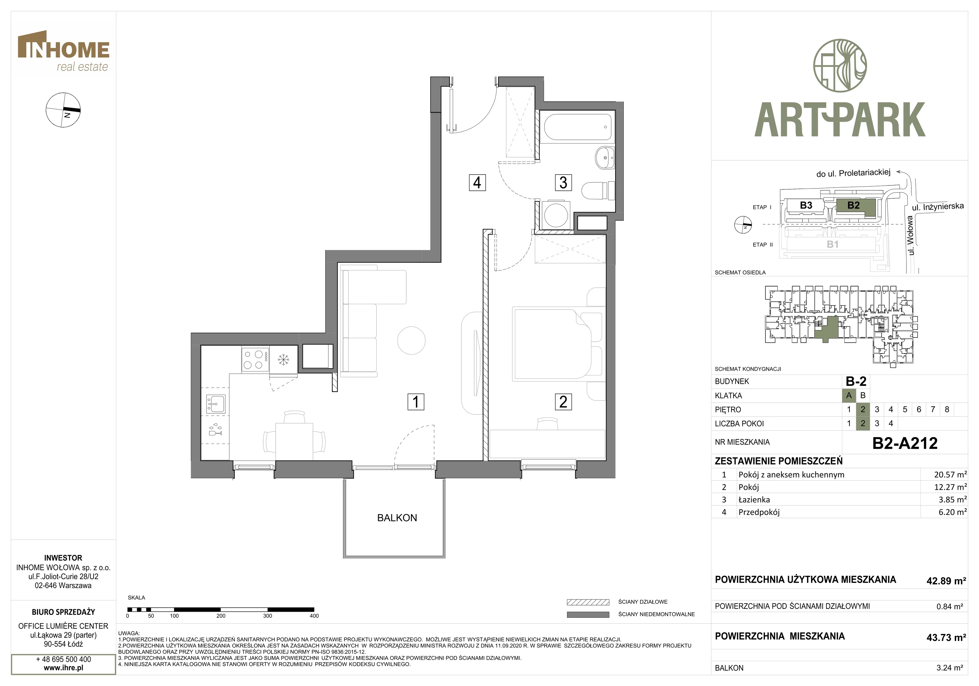 2 pokoje, mieszkanie 43,72 m², piętro 2, oferta nr B2/A212, ArtPark, Łódź, Polesie, ul. Wołowa