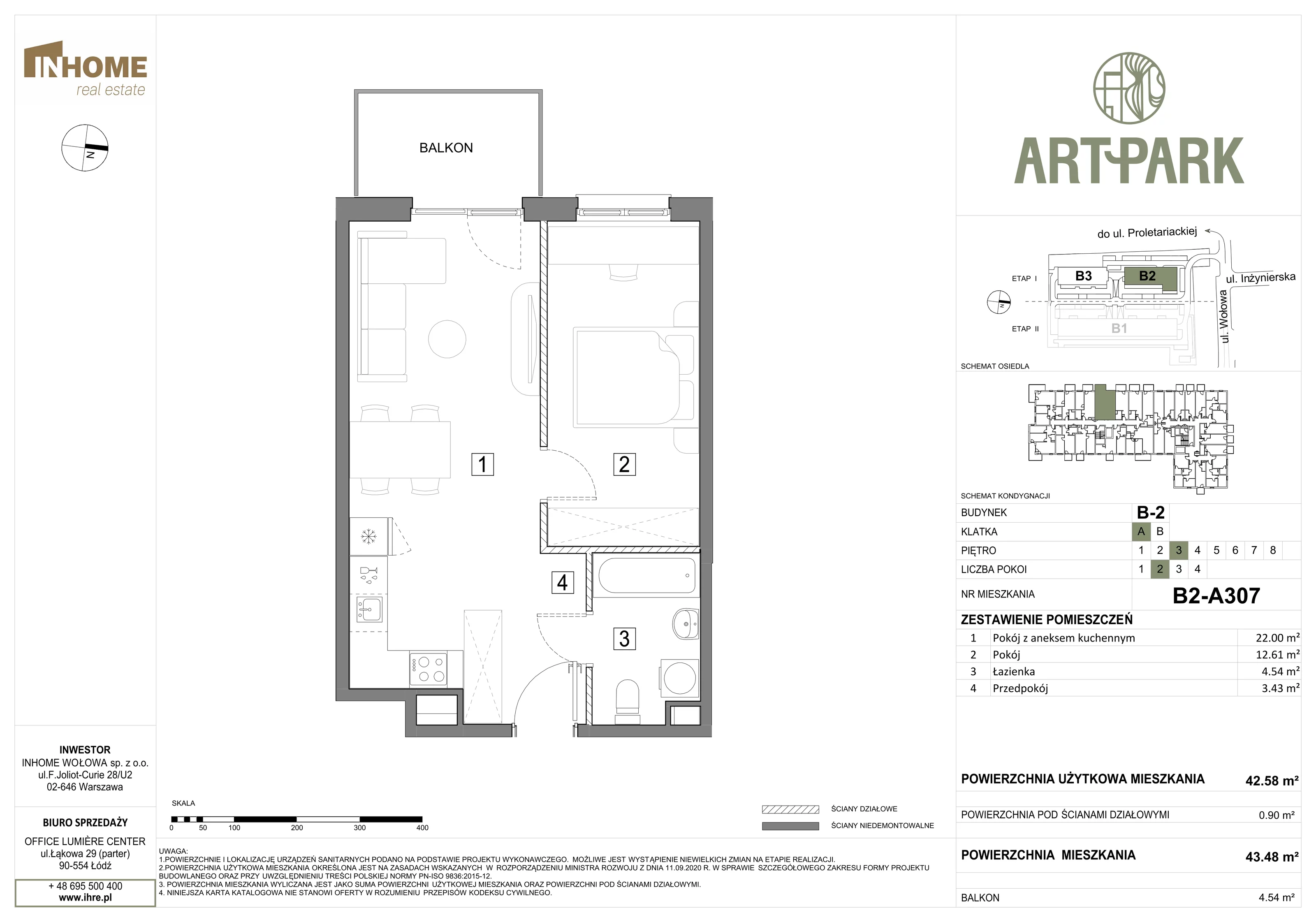 2 pokoje, mieszkanie 43,48 m², piętro 3, oferta nr B2/A307, ArtPark, Łódź, Polesie, ul. Wołowa