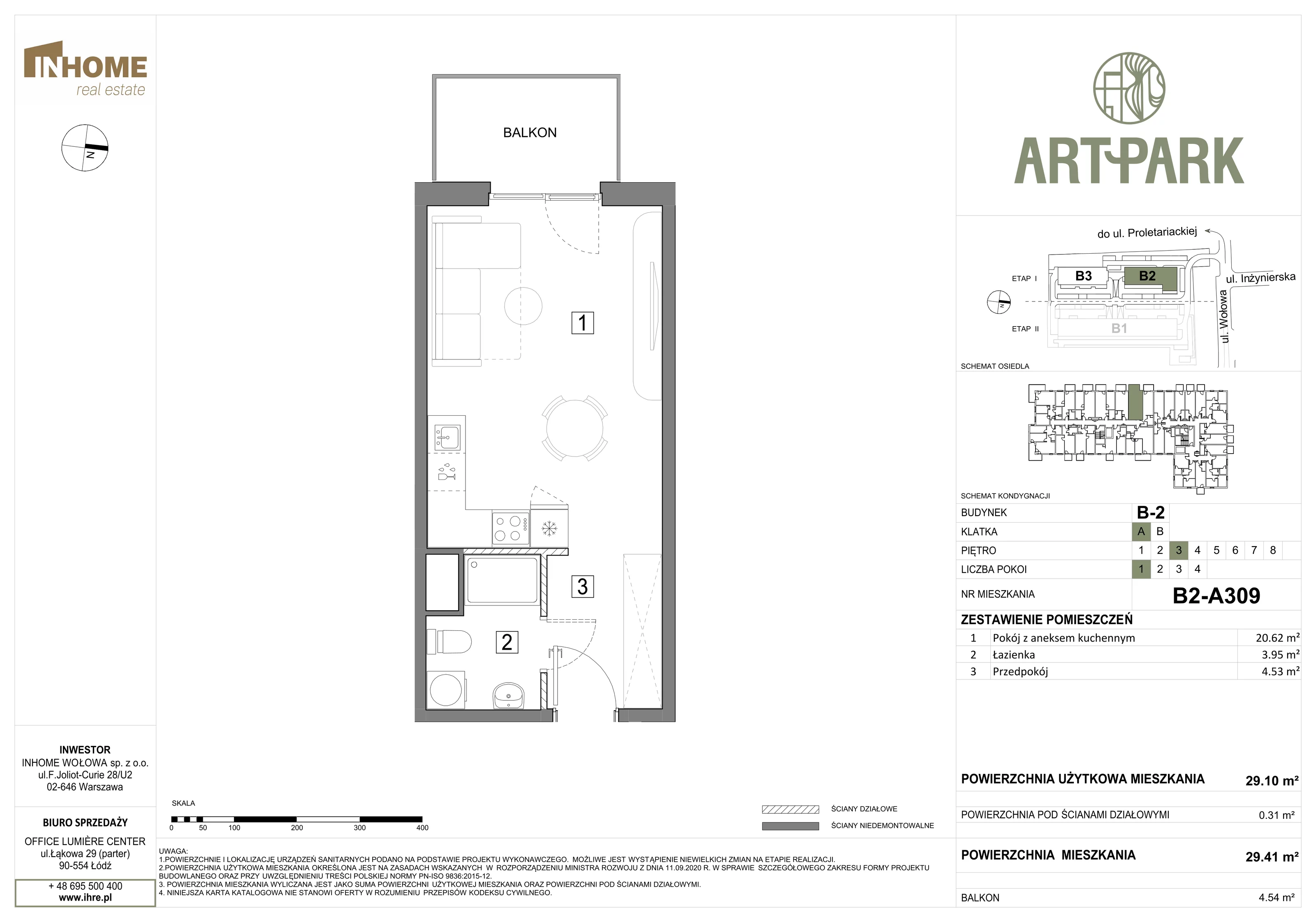 1 pokój, mieszkanie 29,41 m², piętro 3, oferta nr B2/A309, ArtPark, Łódź, Polesie, ul. Wołowa