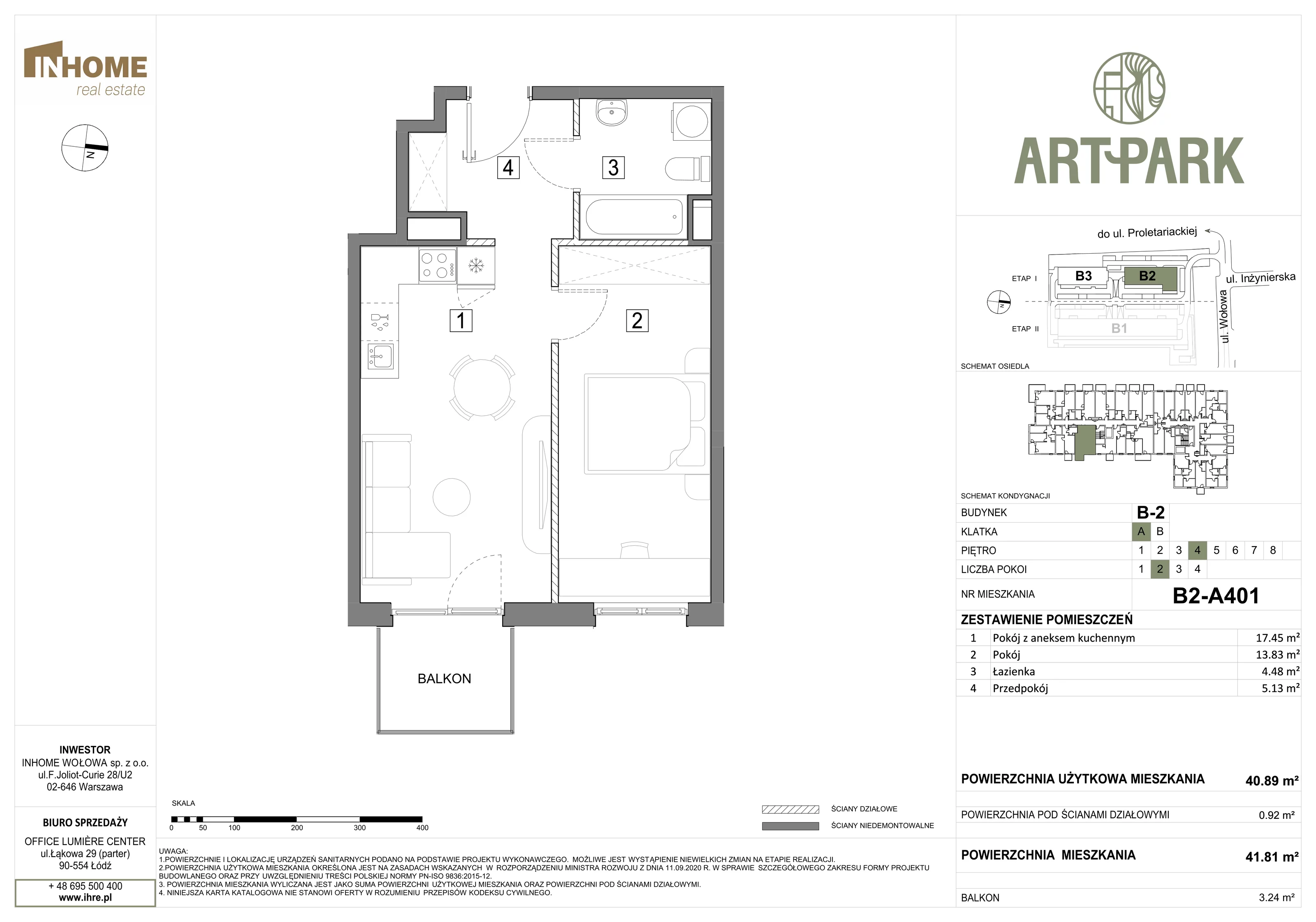 2 pokoje, mieszkanie 41,79 m², piętro 4, oferta nr B2/A401, ArtPark, Łódź, Polesie, ul. Wołowa