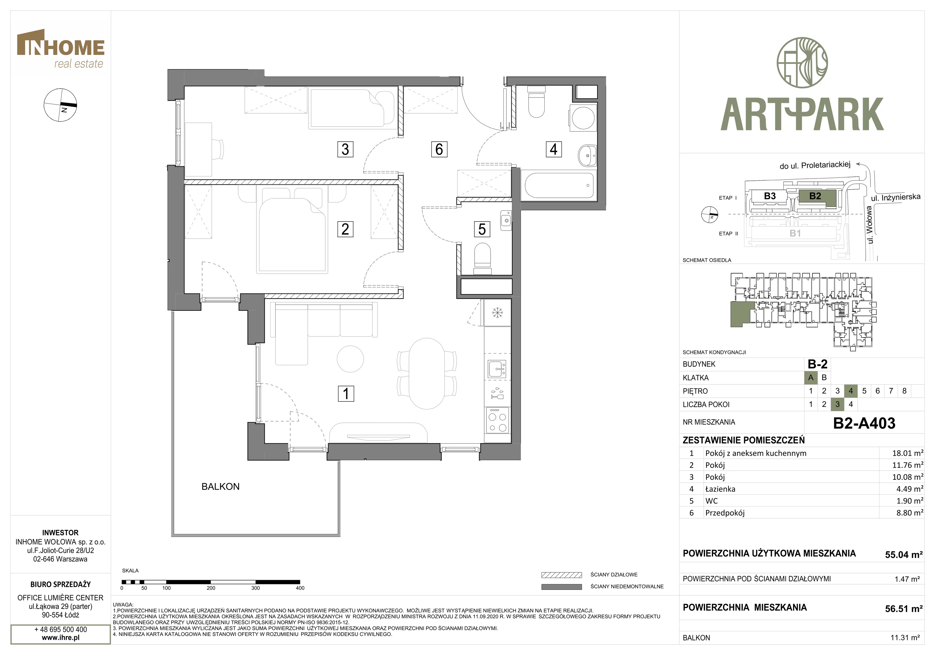 3 pokoje, mieszkanie 56,49 m², piętro 4, oferta nr B2/A403, ArtPark, Łódź, Polesie, ul. Wołowa