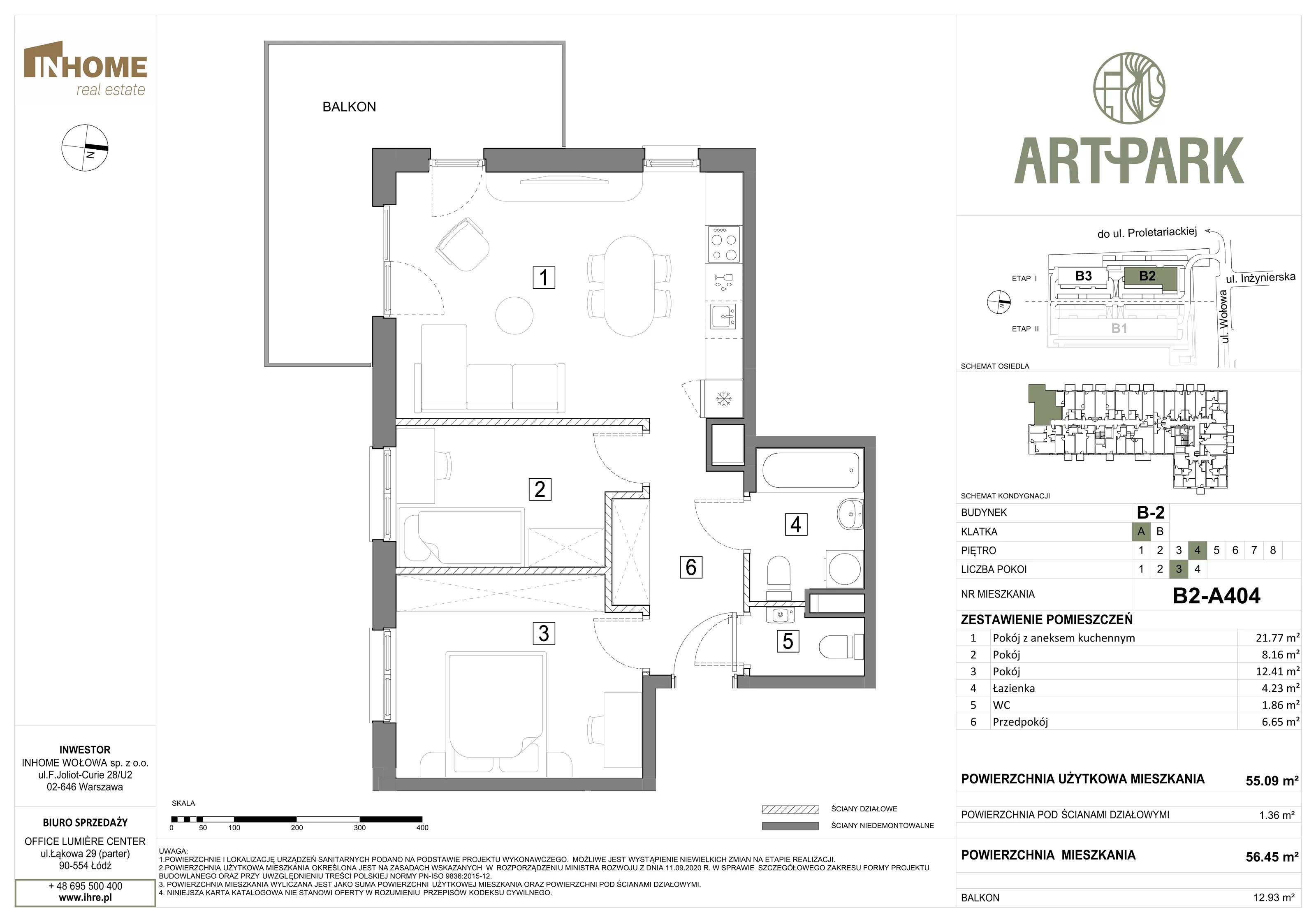 3 pokoje, mieszkanie 56,50 m², piętro 4, oferta nr B2/A404, ArtPark, Łódź, Polesie, ul. Wołowa