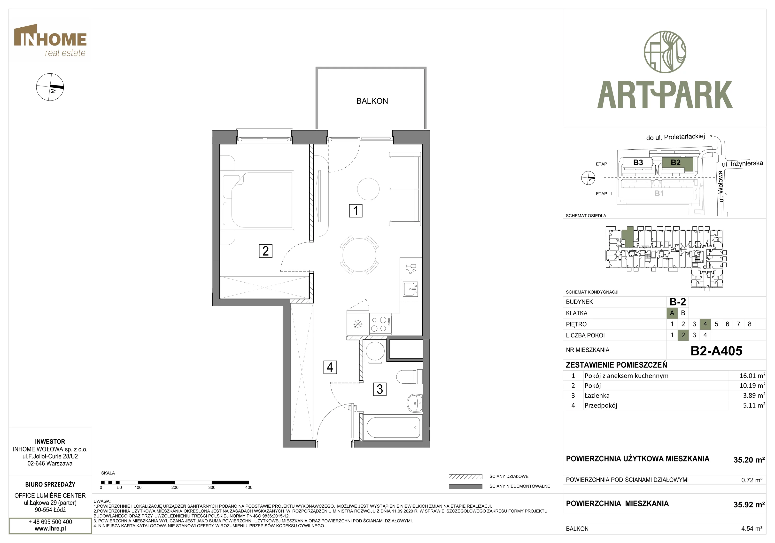 2 pokoje, mieszkanie 35,93 m², piętro 4, oferta nr B2/A405, ArtPark, Łódź, Polesie, ul. Wołowa