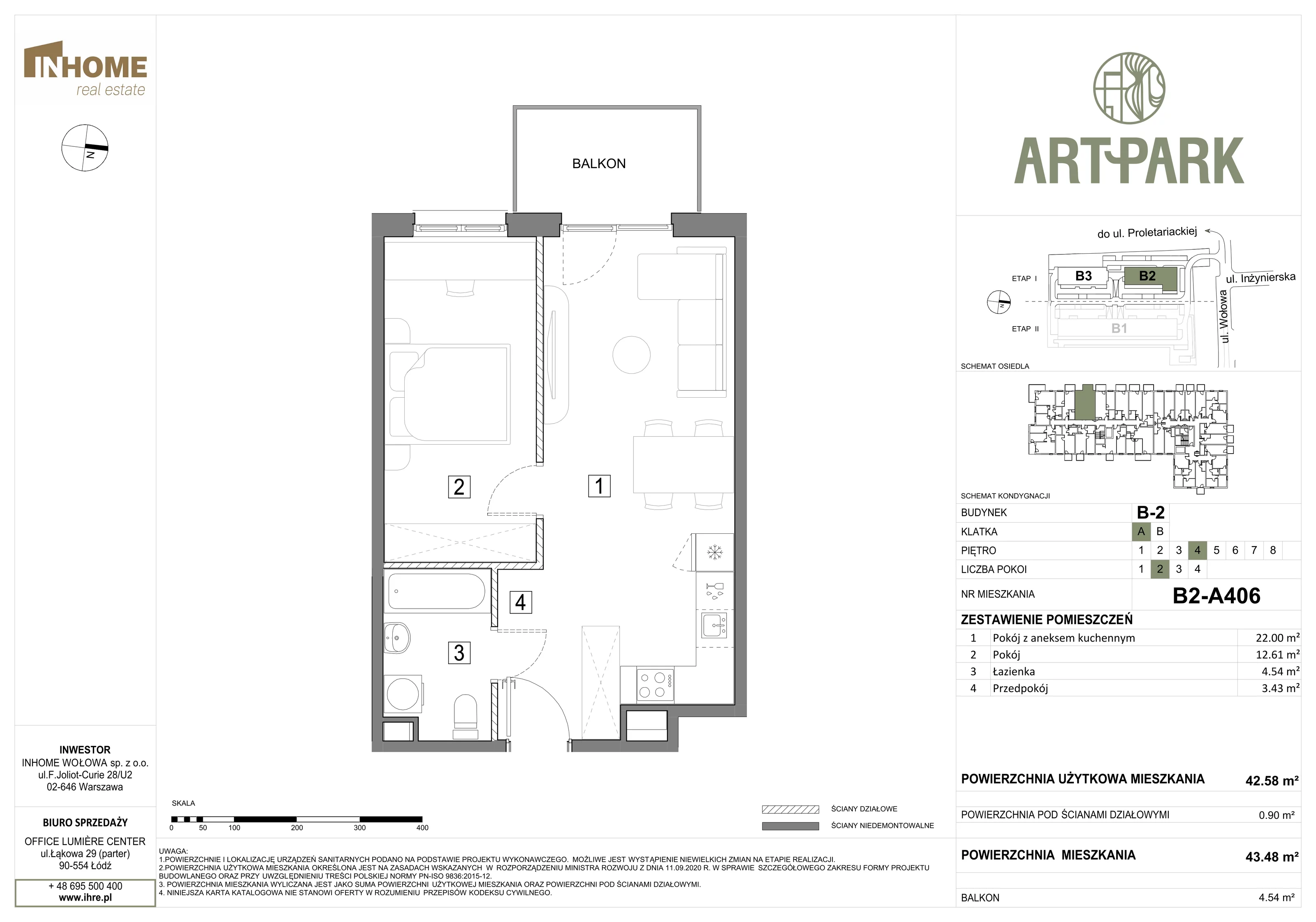 2 pokoje, mieszkanie 43,48 m², piętro 4, oferta nr B2/A406, ArtPark, Łódź, Polesie, ul. Wołowa
