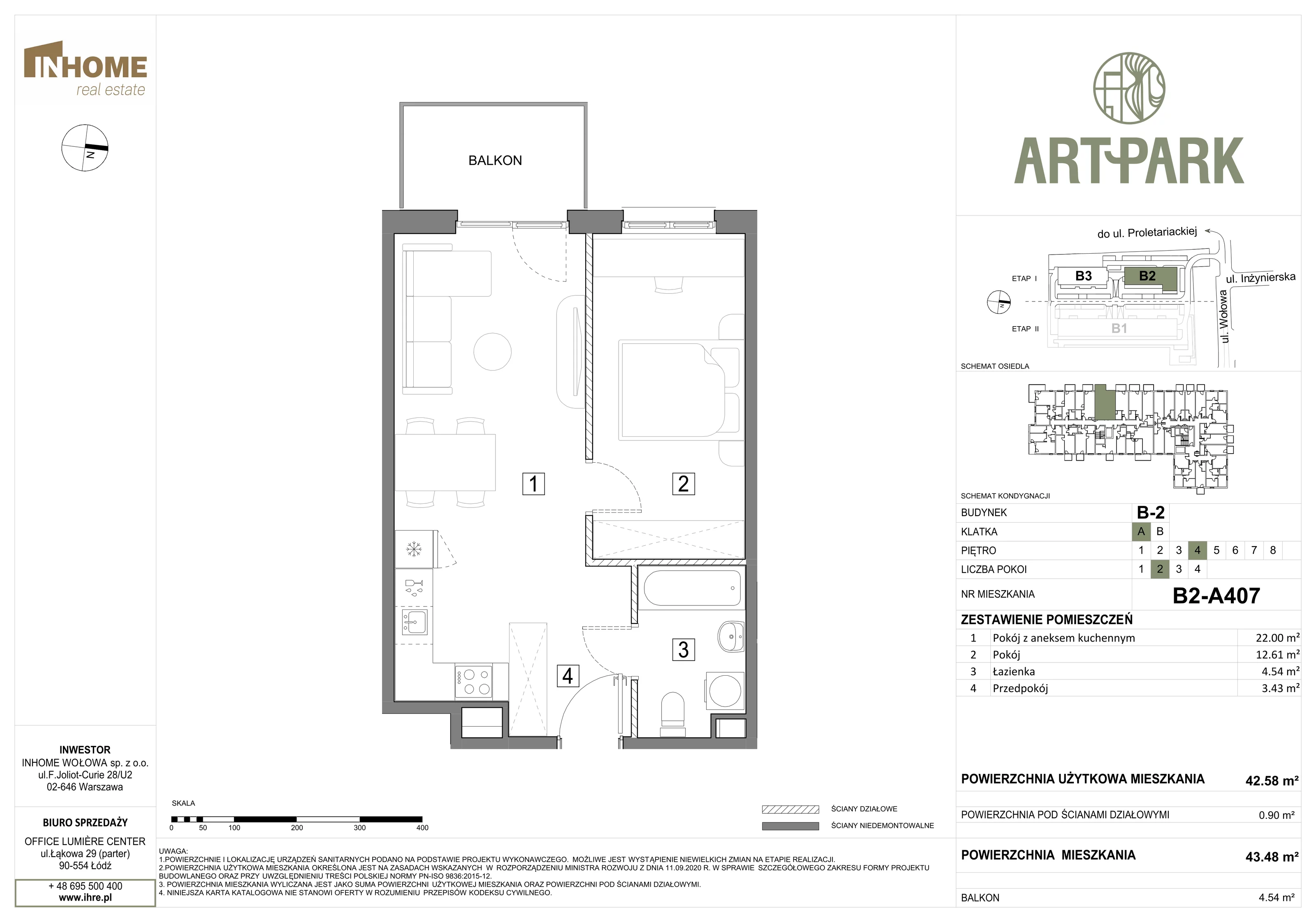 2 pokoje, mieszkanie 43,48 m², piętro 4, oferta nr B2/A407, ArtPark, Łódź, Polesie, ul. Wołowa