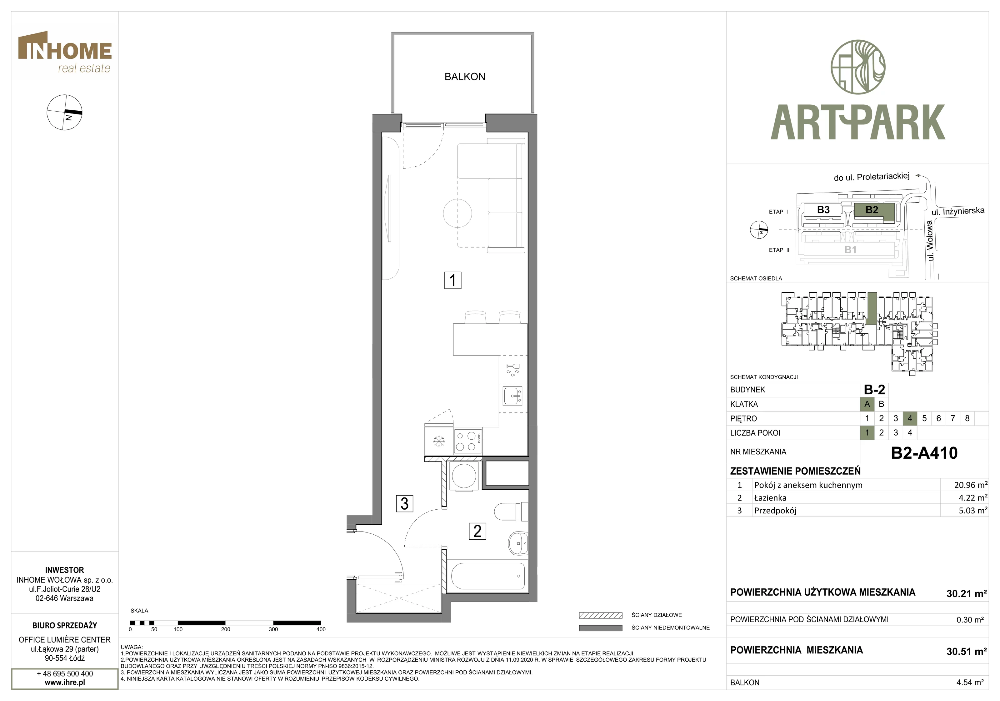 1 pokój, mieszkanie 30,50 m², piętro 4, oferta nr B2/A410, ArtPark, Łódź, Polesie, ul. Wołowa