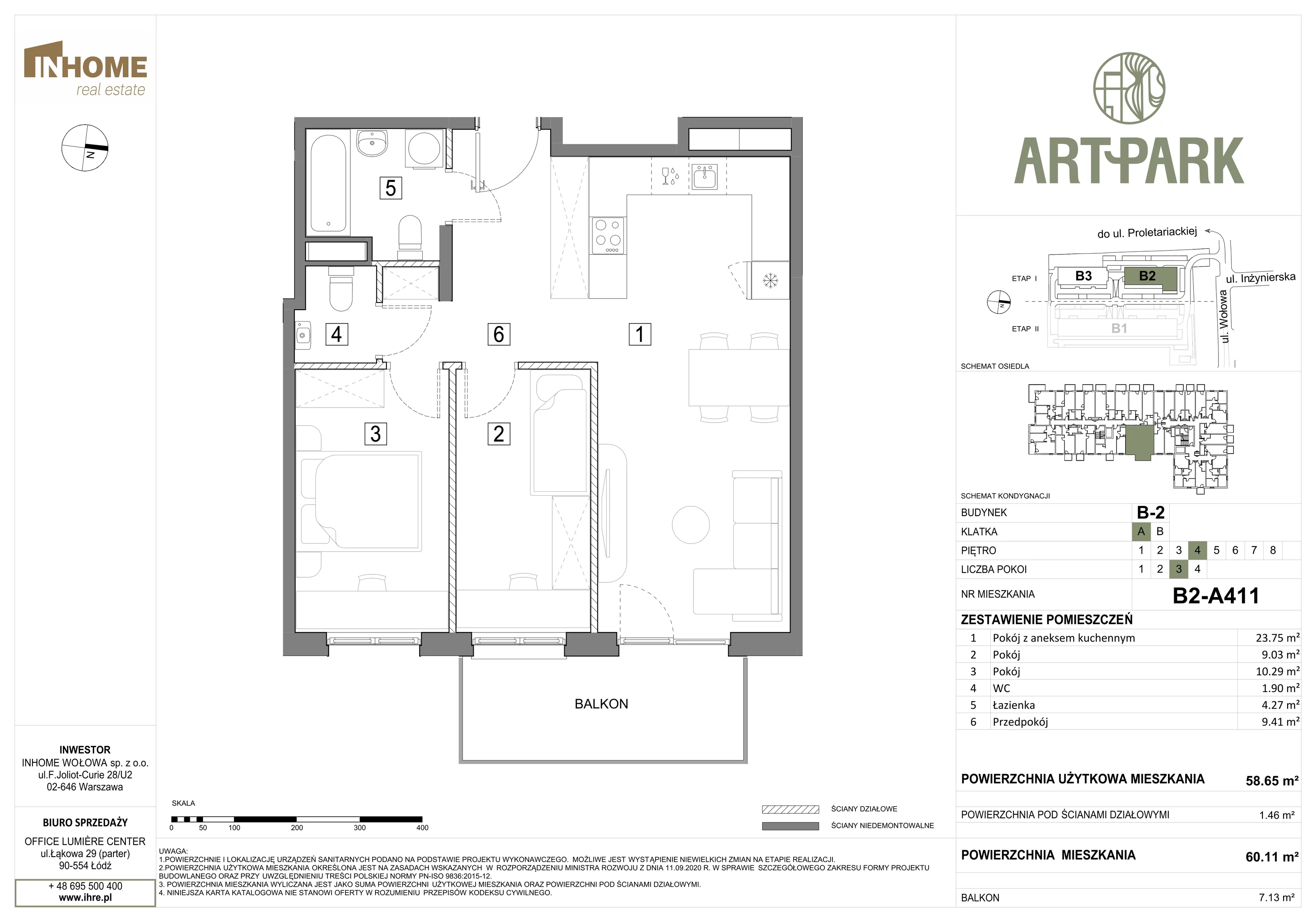 3 pokoje, mieszkanie 60,11 m², piętro 4, oferta nr B2/A411, ArtPark, Łódź, Polesie, ul. Wołowa