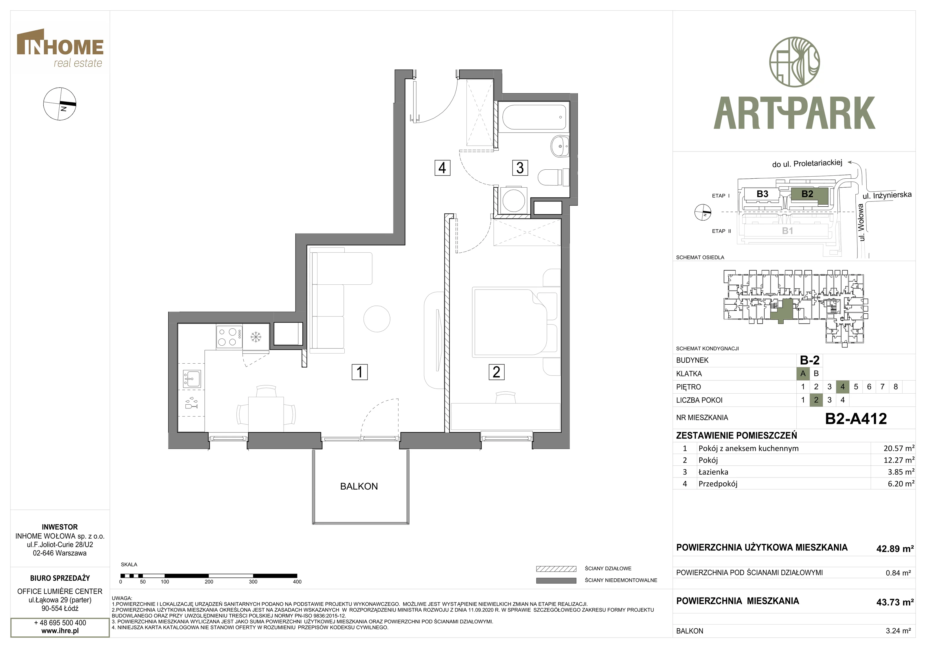 2 pokoje, mieszkanie 43,72 m², piętro 4, oferta nr B2/A412, ArtPark, Łódź, Polesie, ul. Wołowa