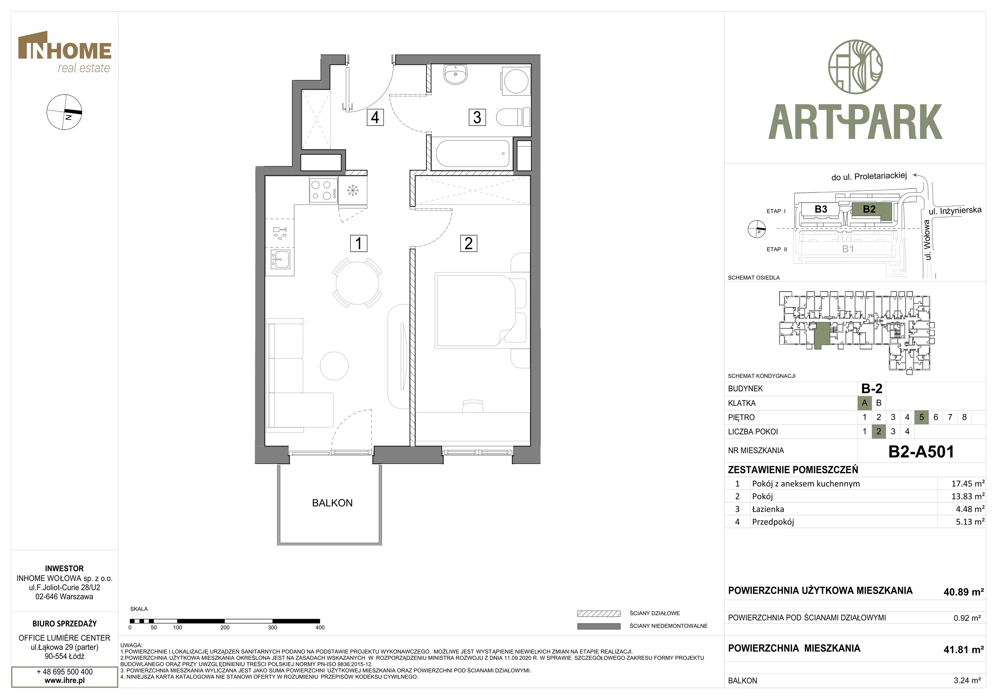 2 pokoje, mieszkanie 41,79 m², piętro 5, oferta nr B2/A501, ArtPark, Łódź, Polesie, ul. Wołowa