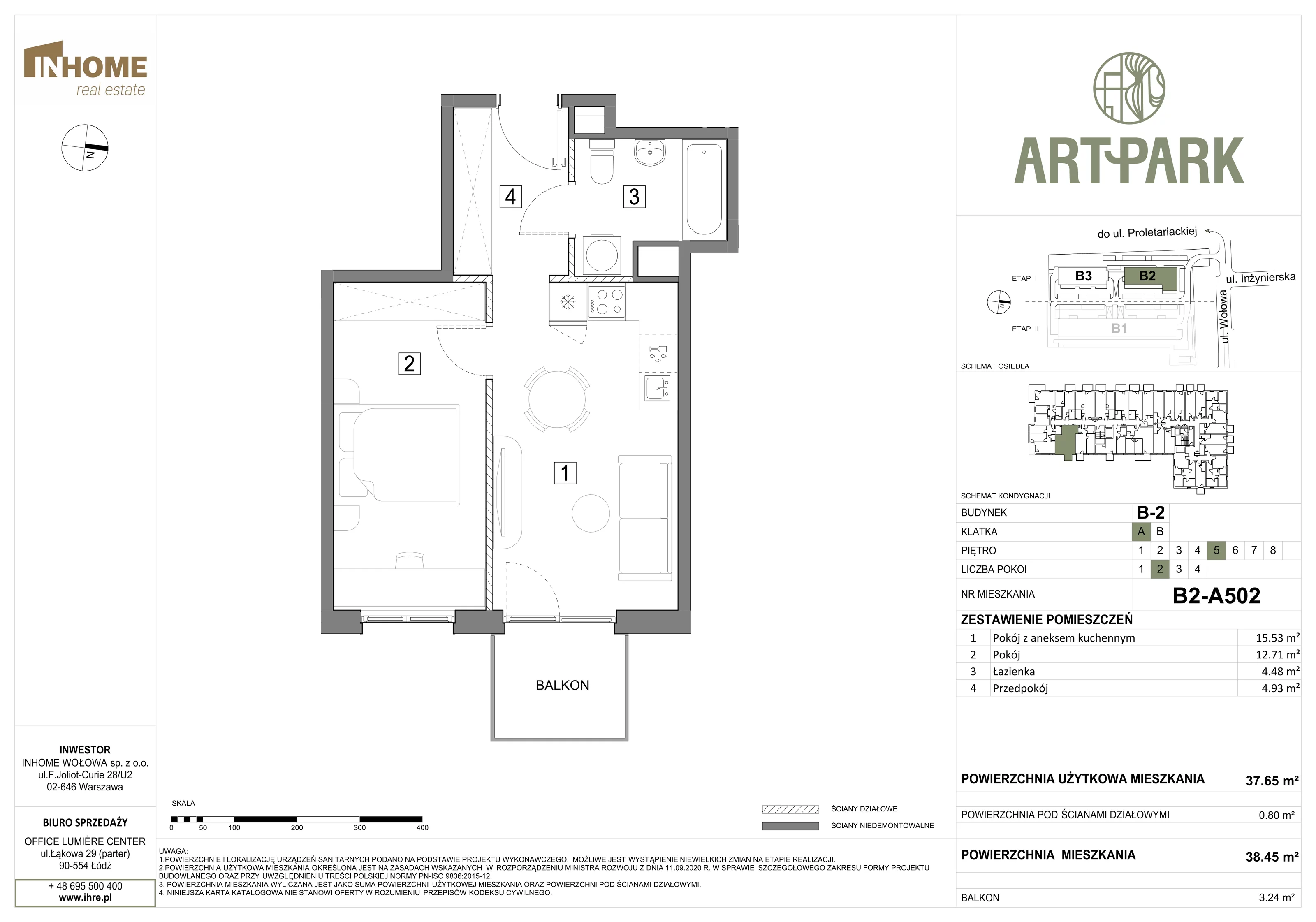 2 pokoje, mieszkanie 38,45 m², piętro 5, oferta nr B2/A502, ArtPark, Łódź, Polesie, ul. Wołowa