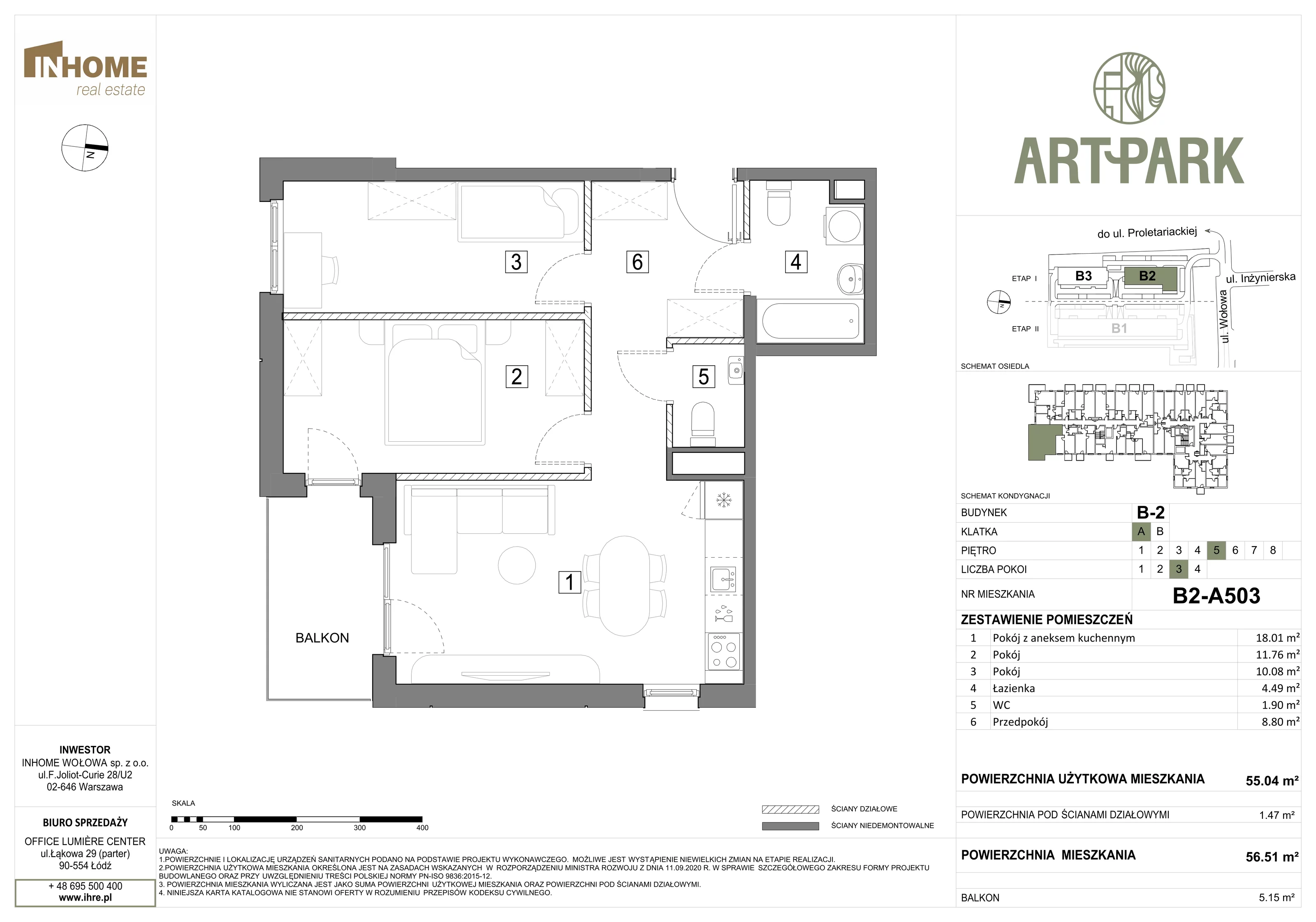 3 pokoje, mieszkanie 56,49 m², piętro 5, oferta nr B2/A503, ArtPark, Łódź, Polesie, ul. Wołowa