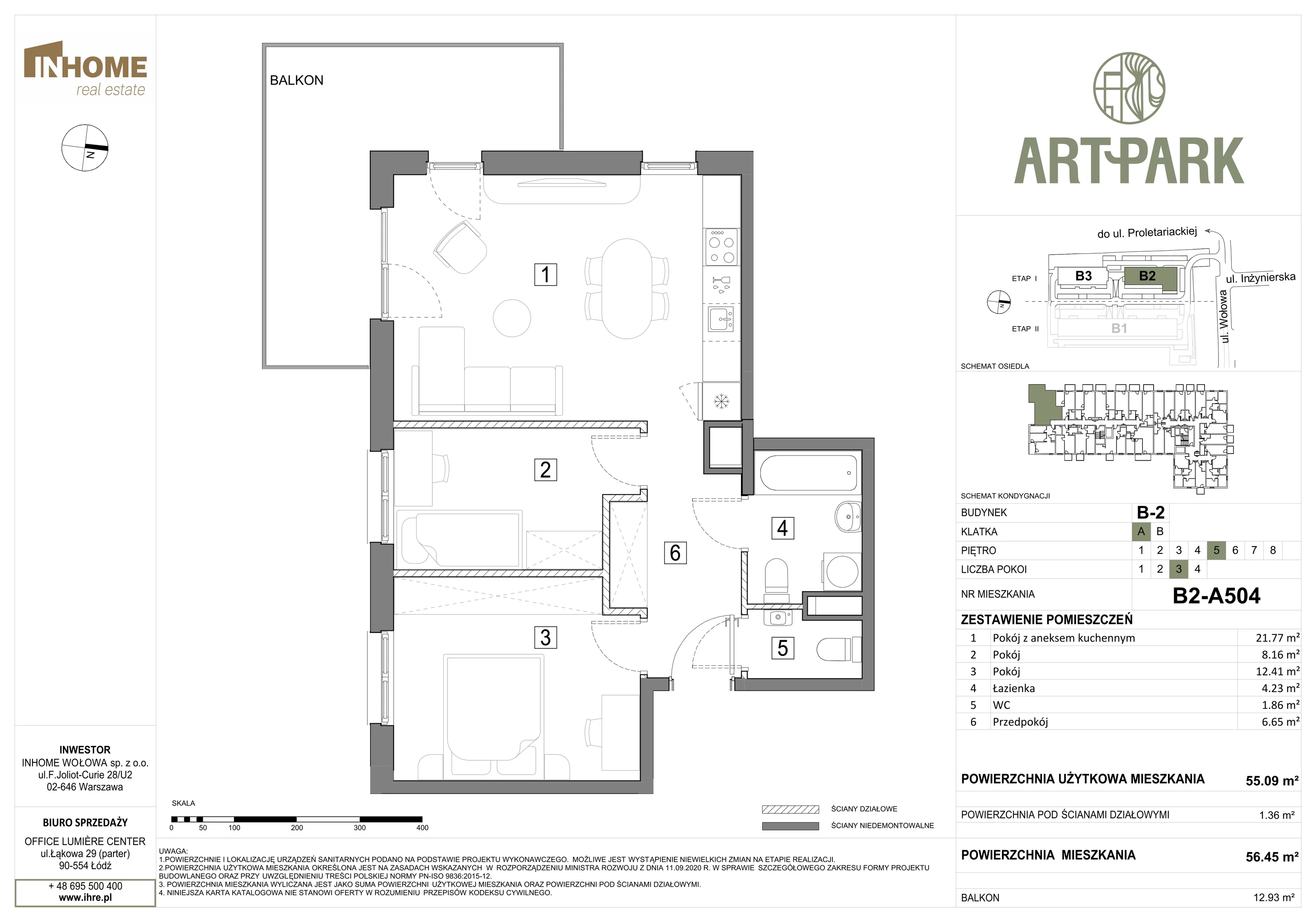 3 pokoje, mieszkanie 56,50 m², piętro 5, oferta nr B2/A504, ArtPark, Łódź, Polesie, ul. Wołowa