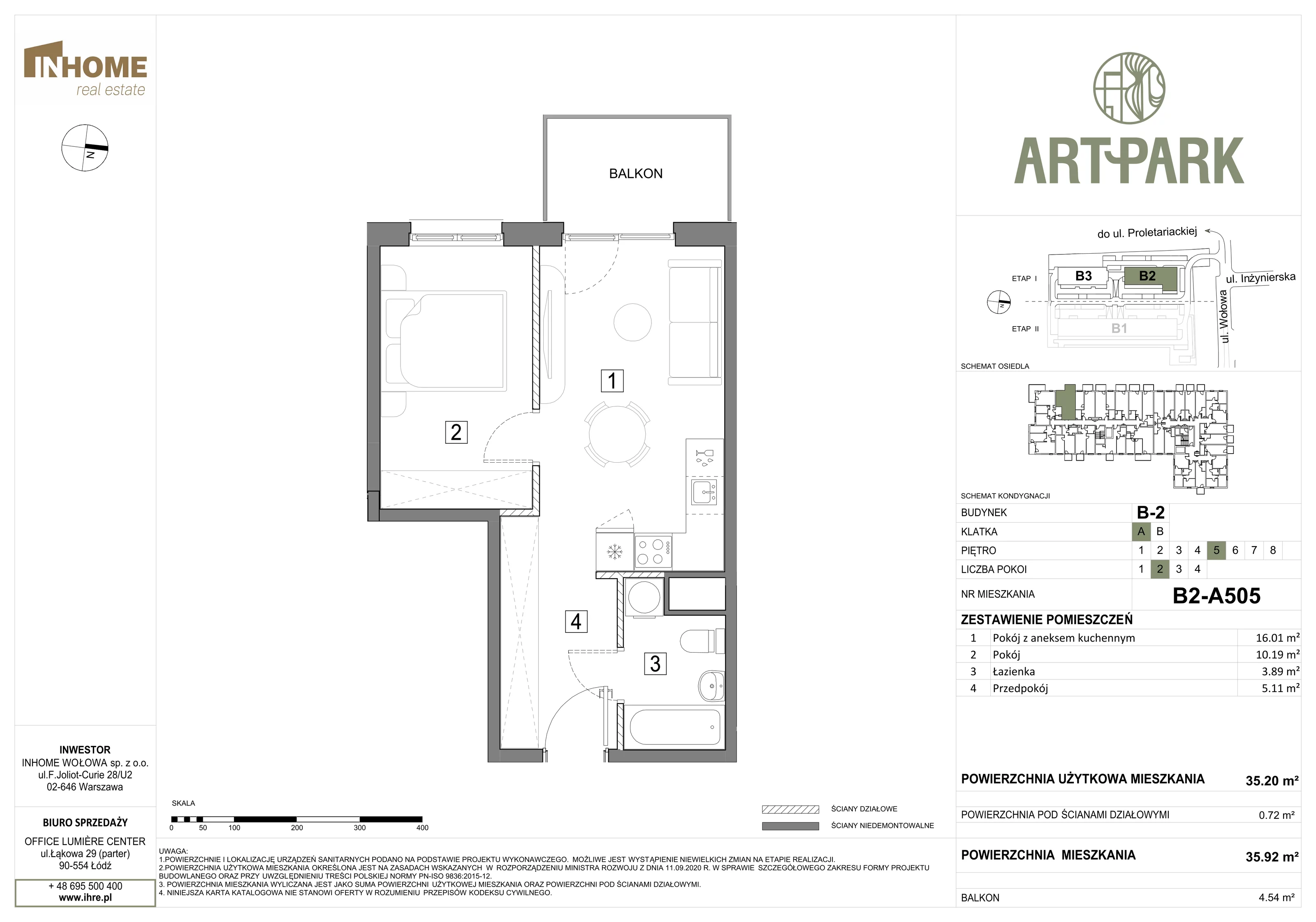 2 pokoje, mieszkanie 35,93 m², piętro 5, oferta nr B2/A505, ArtPark, Łódź, Polesie, ul. Wołowa