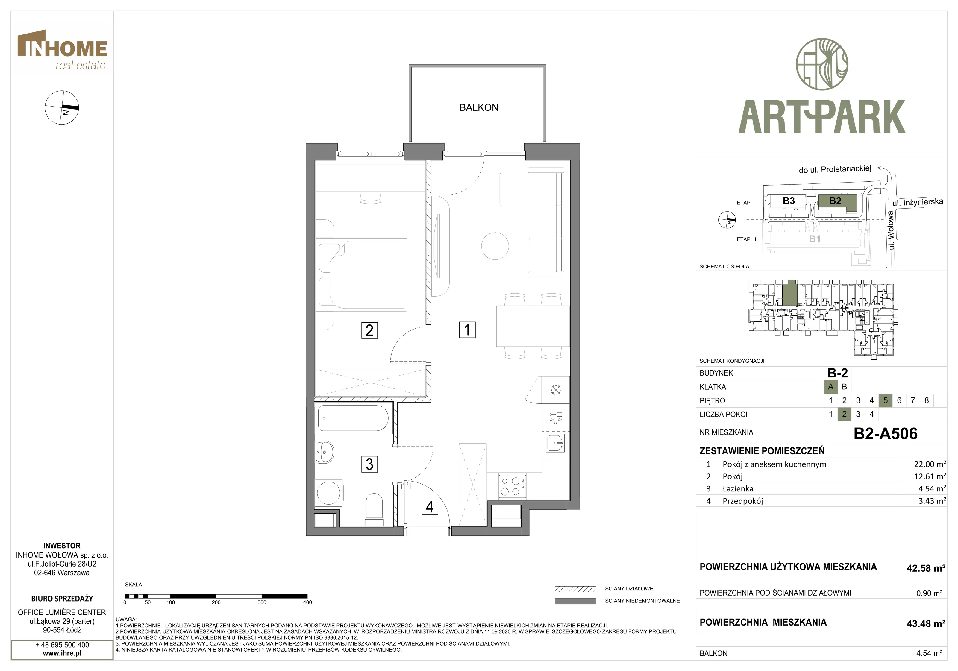 2 pokoje, mieszkanie 43,48 m², piętro 5, oferta nr B2/A506, ArtPark, Łódź, Polesie, ul. Wołowa