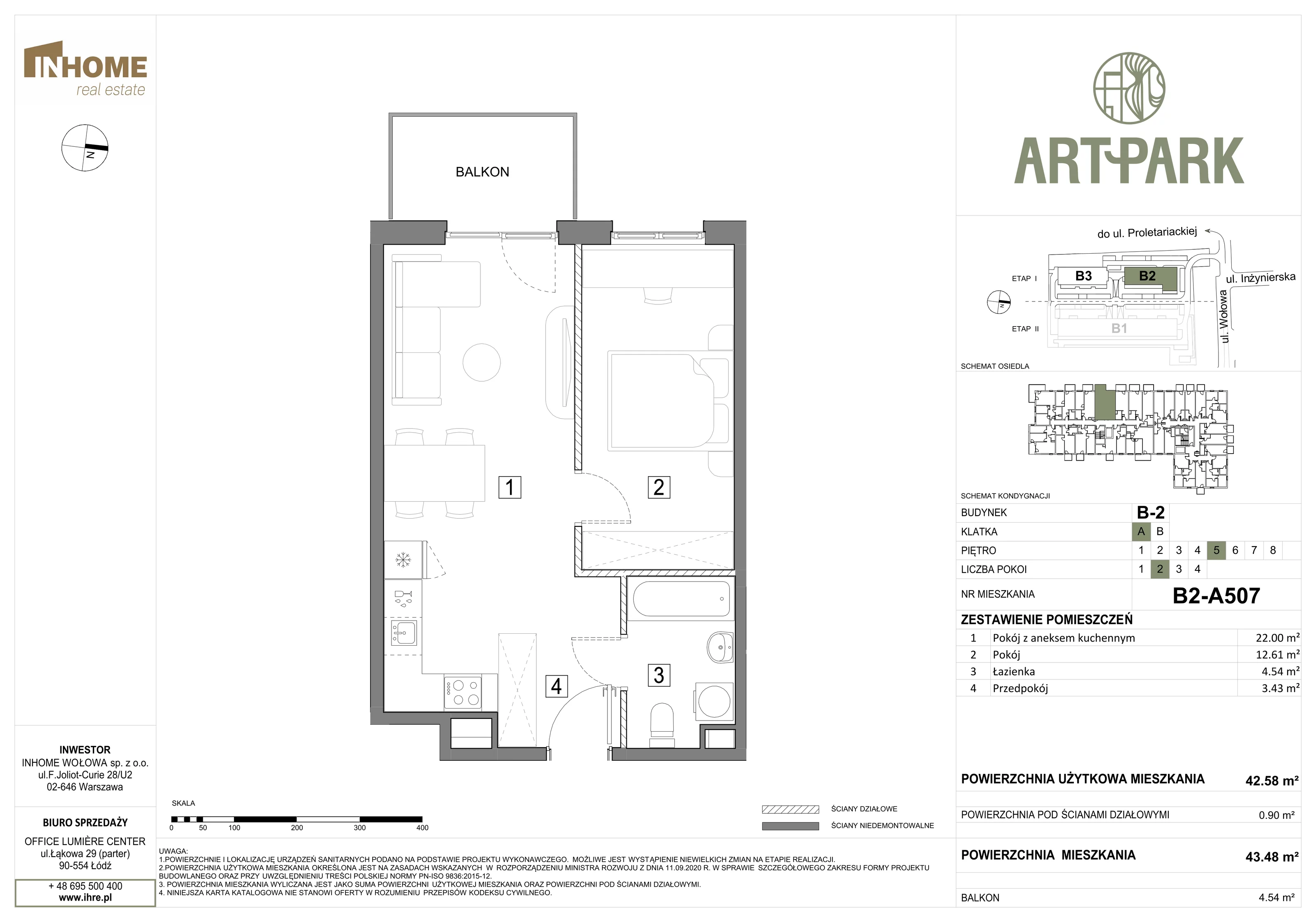 2 pokoje, mieszkanie 43,48 m², piętro 5, oferta nr B2/A507, ArtPark, Łódź, Polesie, ul. Wołowa