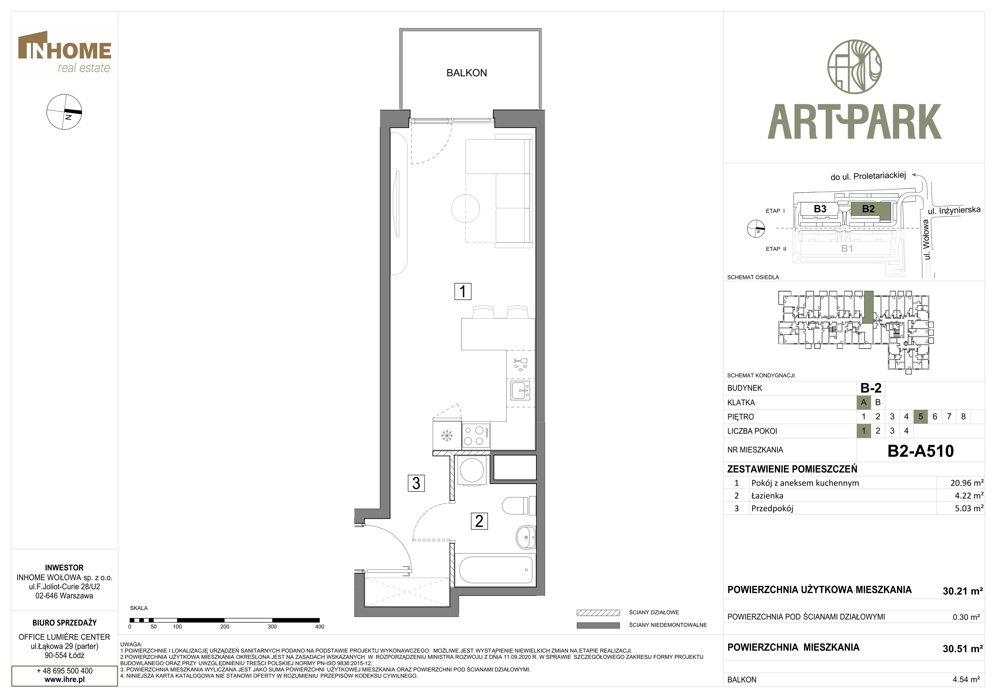 1 pokój, mieszkanie 30,50 m², piętro 5, oferta nr B2/A510, ArtPark, Łódź, Polesie, ul. Wołowa