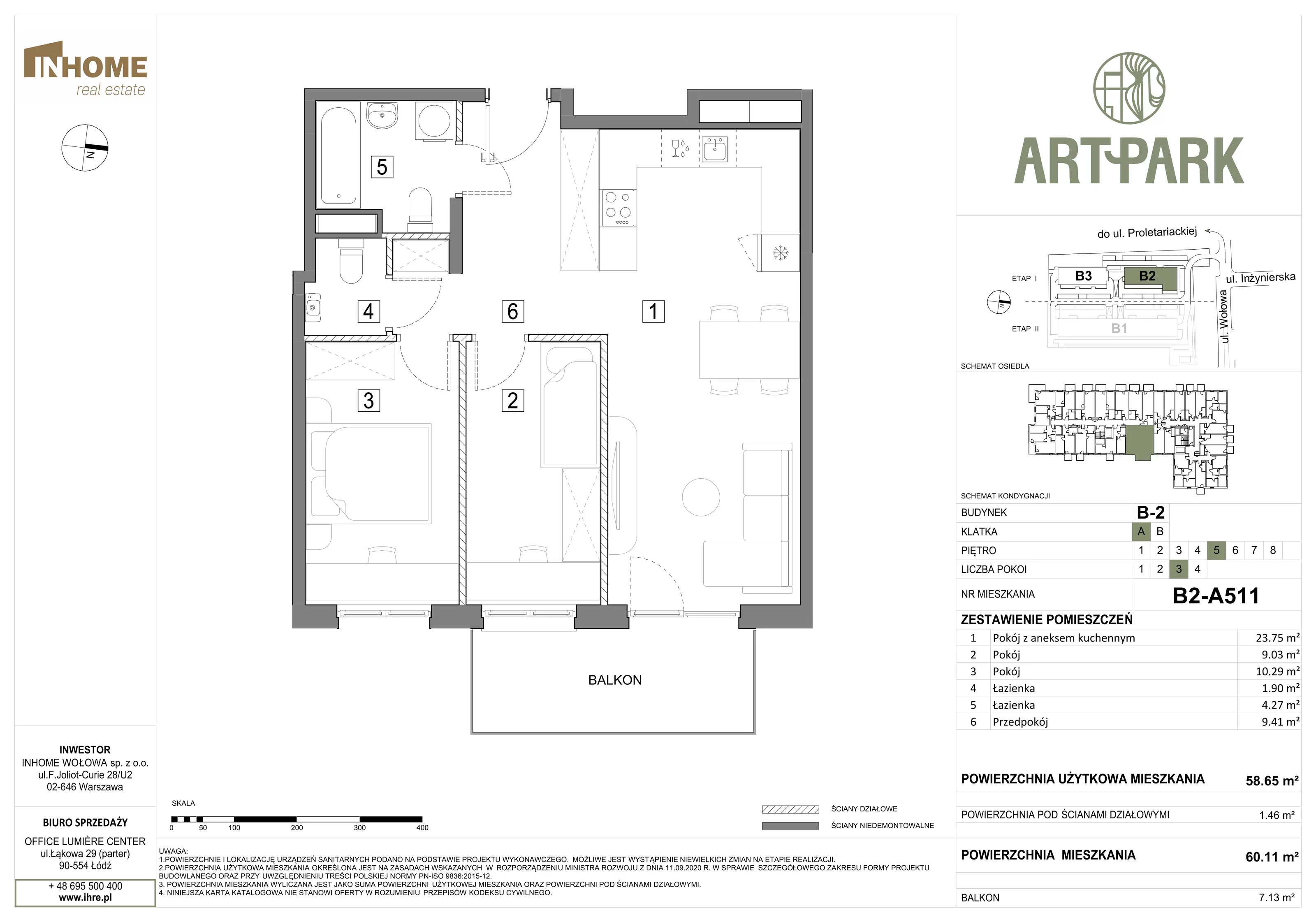 3 pokoje, mieszkanie 60,11 m², piętro 5, oferta nr B2/A511, ArtPark, Łódź, Polesie, ul. Wołowa