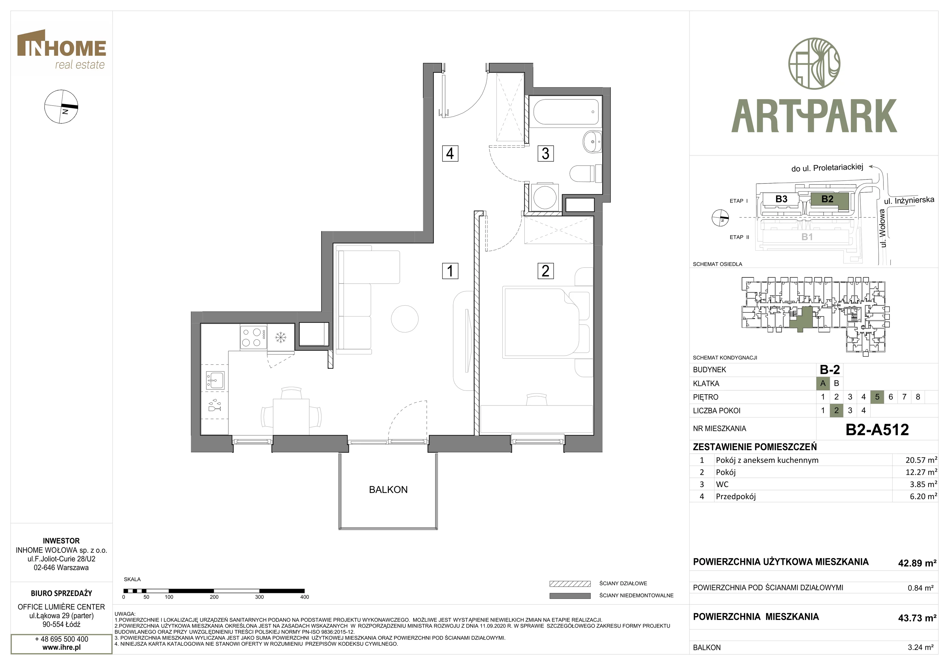 2 pokoje, mieszkanie 43,72 m², piętro 5, oferta nr B2/A512, ArtPark, Łódź, Polesie, ul. Wołowa