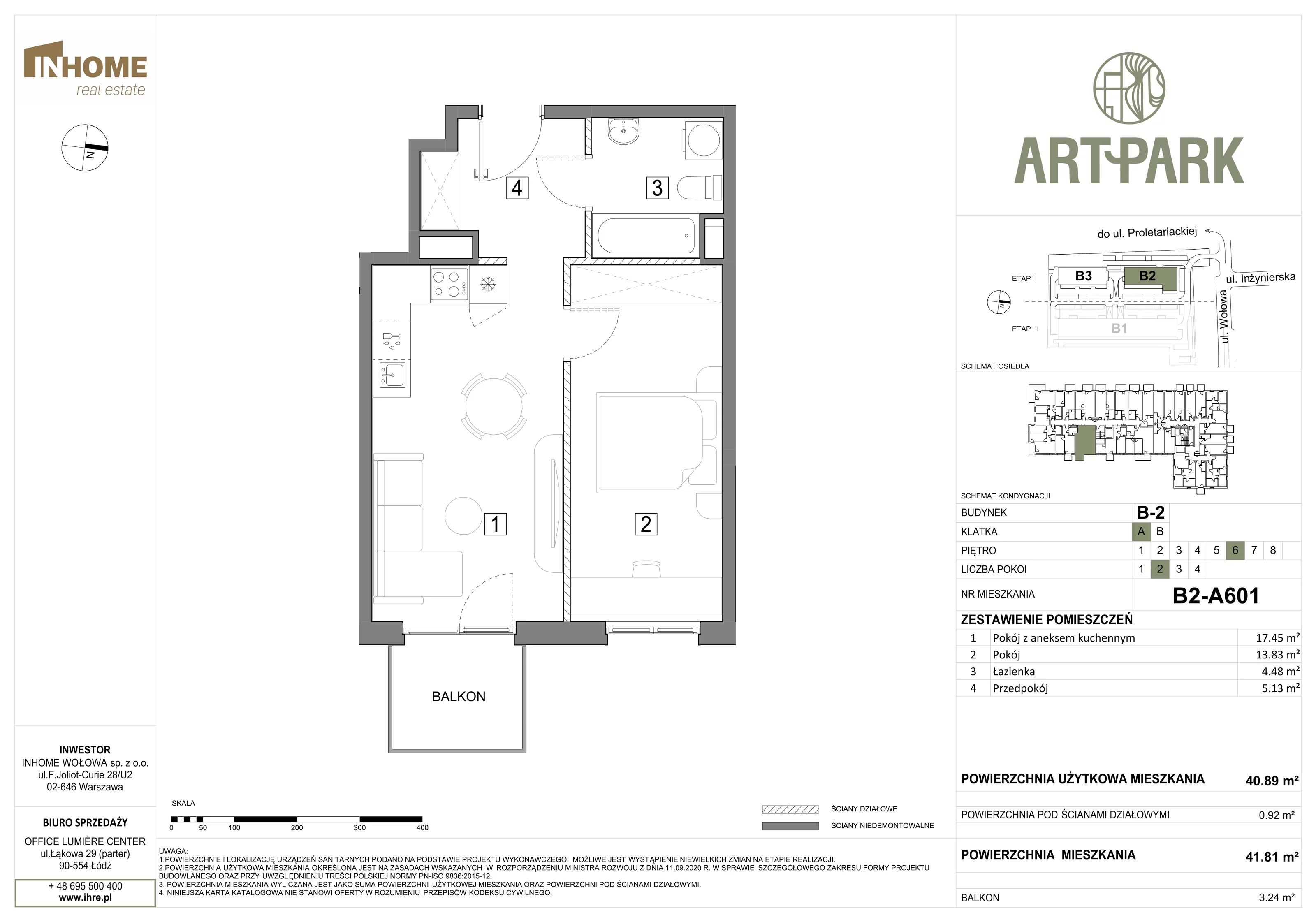 2 pokoje, mieszkanie 41,79 m², piętro 6, oferta nr B2/A601, ArtPark, Łódź, Polesie, ul. Wołowa