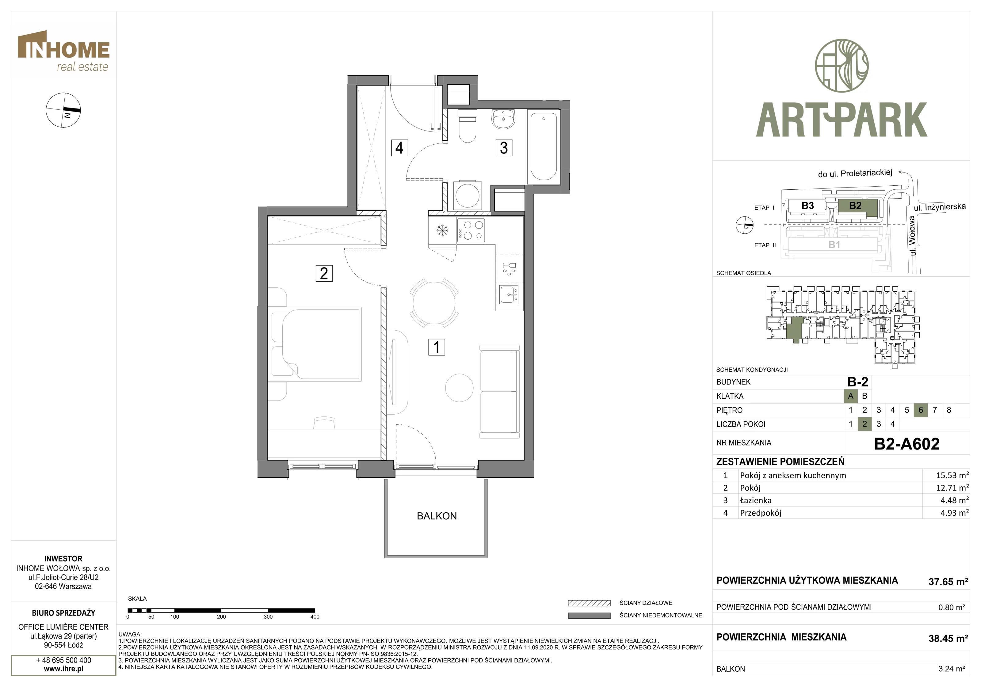 2 pokoje, mieszkanie 38,45 m², piętro 6, oferta nr B2/A602, ArtPark, Łódź, Polesie, ul. Wołowa