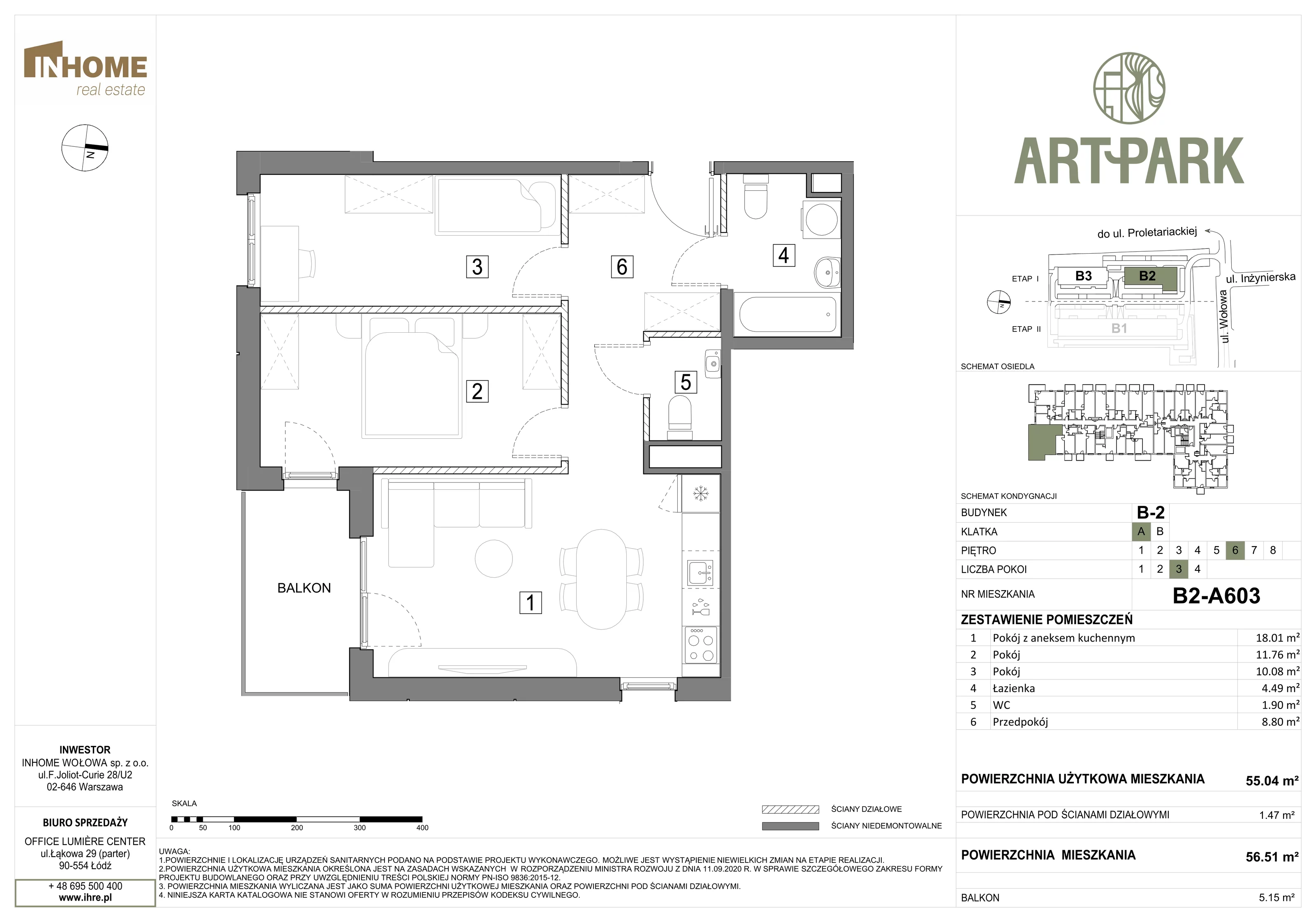 3 pokoje, mieszkanie 56,49 m², piętro 6, oferta nr B2/A603, ArtPark, Łódź, Polesie, ul. Wołowa