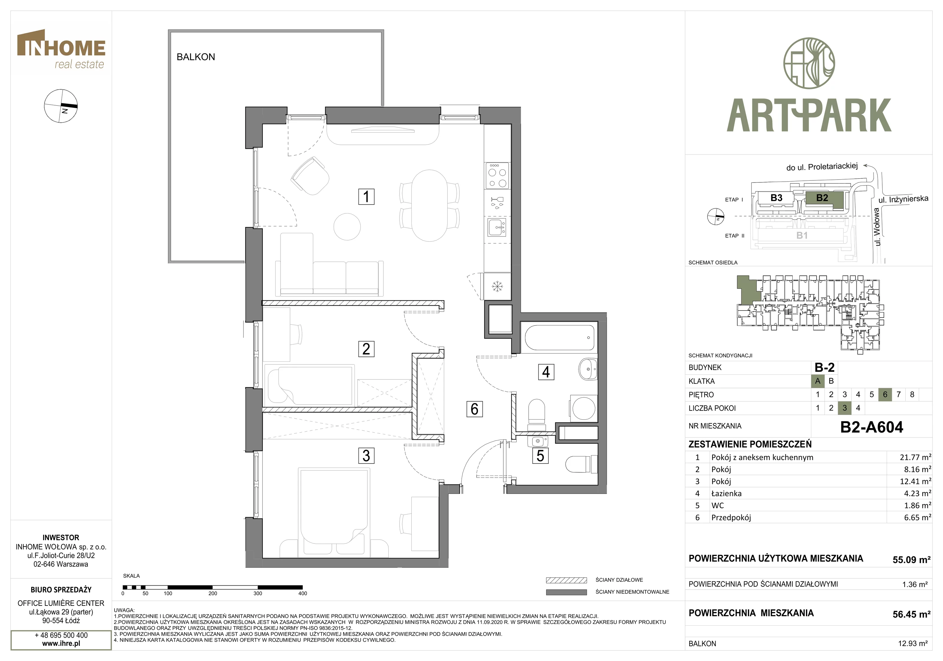 3 pokoje, mieszkanie 56,50 m², piętro 6, oferta nr B2/A604, ArtPark, Łódź, Polesie, ul. Wołowa