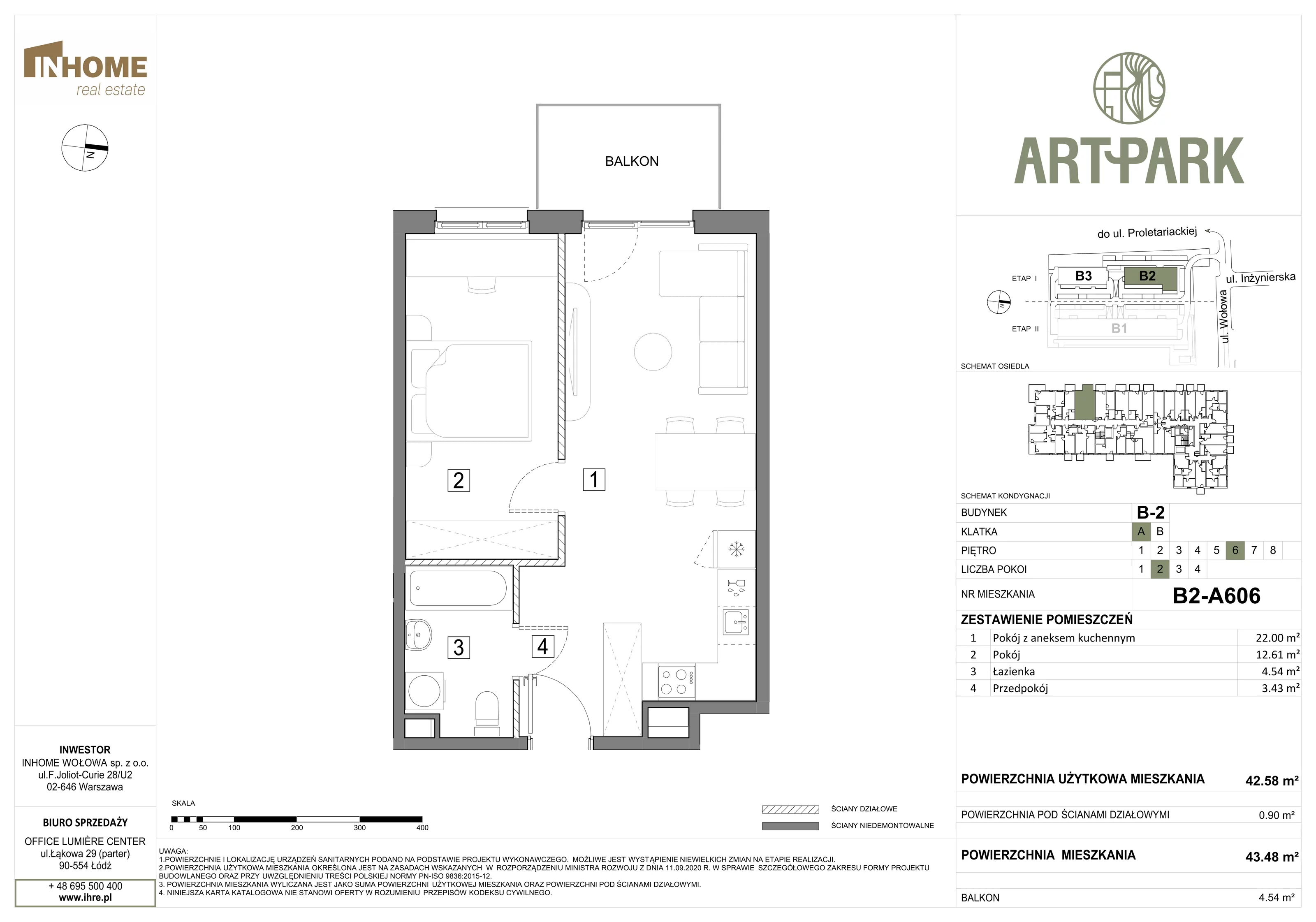 2 pokoje, mieszkanie 43,47 m², piętro 6, oferta nr B2/A606, ArtPark, Łódź, Polesie, ul. Wołowa