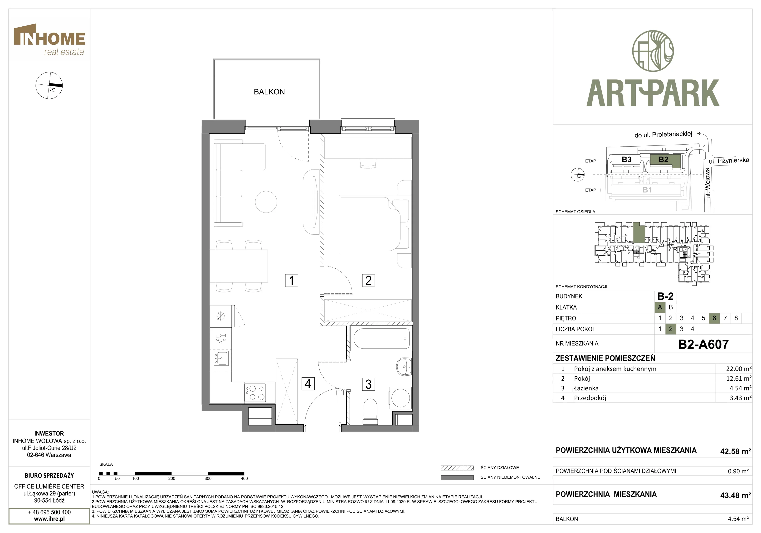 2 pokoje, mieszkanie 43,48 m², piętro 6, oferta nr B2/A607, ArtPark, Łódź, Polesie, ul. Wołowa
