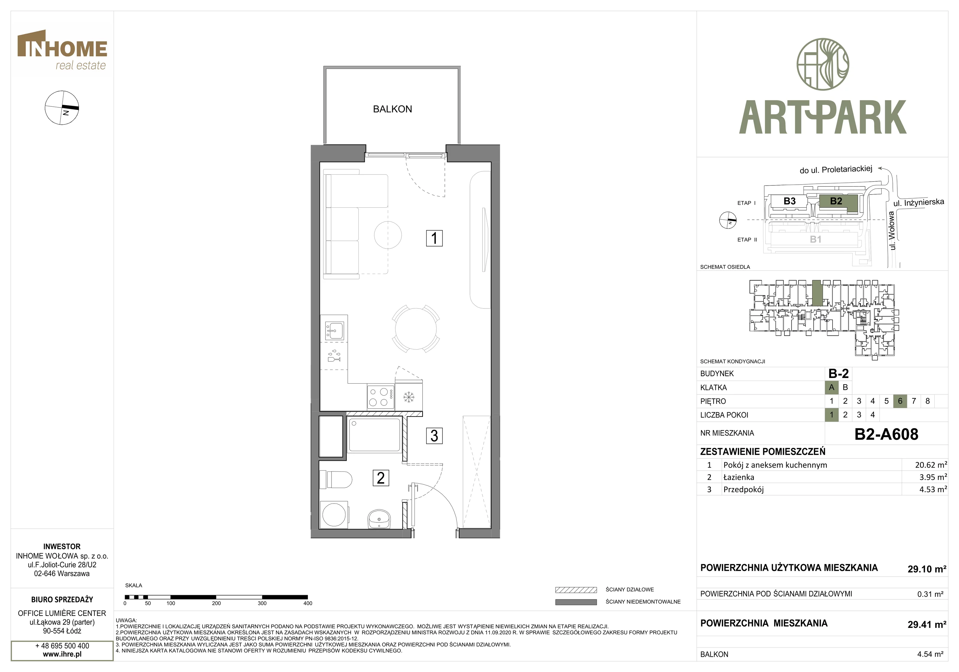 1 pokój, mieszkanie 29,41 m², piętro 6, oferta nr B2/A608, ArtPark, Łódź, Polesie, ul. Wołowa