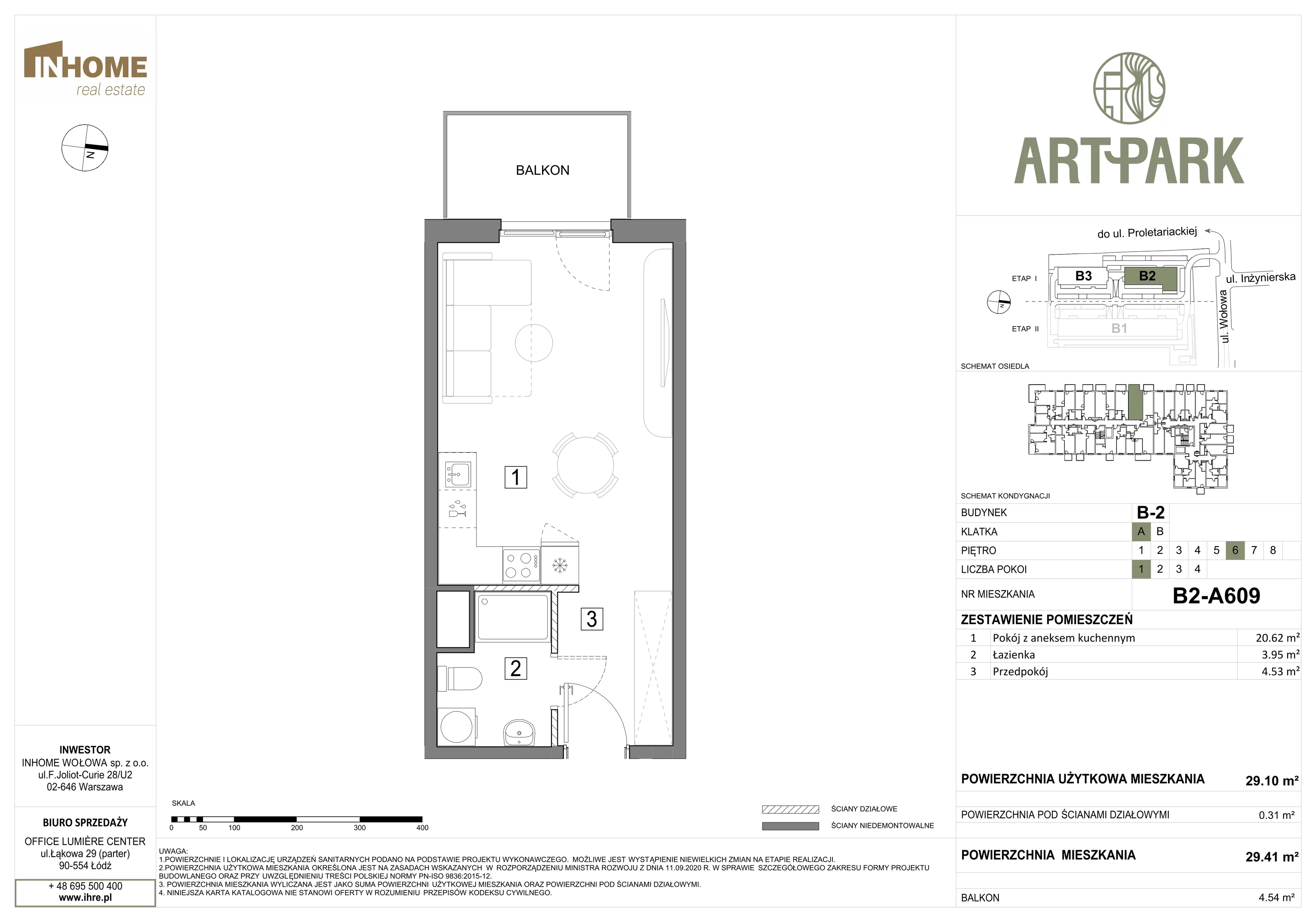 1 pokój, mieszkanie 29,41 m², piętro 6, oferta nr B2/A609, ArtPark, Łódź, Polesie, ul. Wołowa