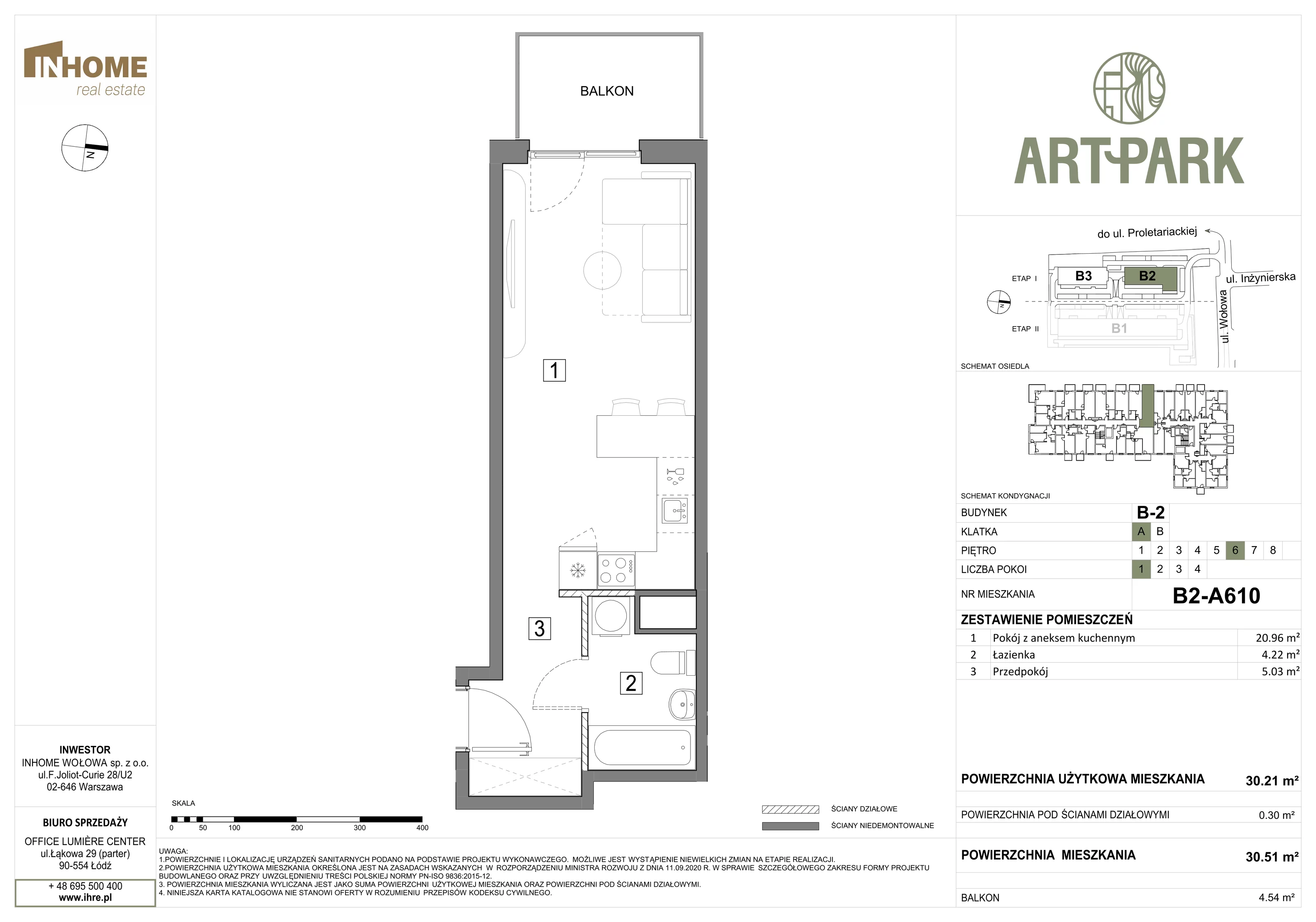 1 pokój, mieszkanie 30,50 m², piętro 6, oferta nr B2/A610, ArtPark, Łódź, Polesie, ul. Wołowa