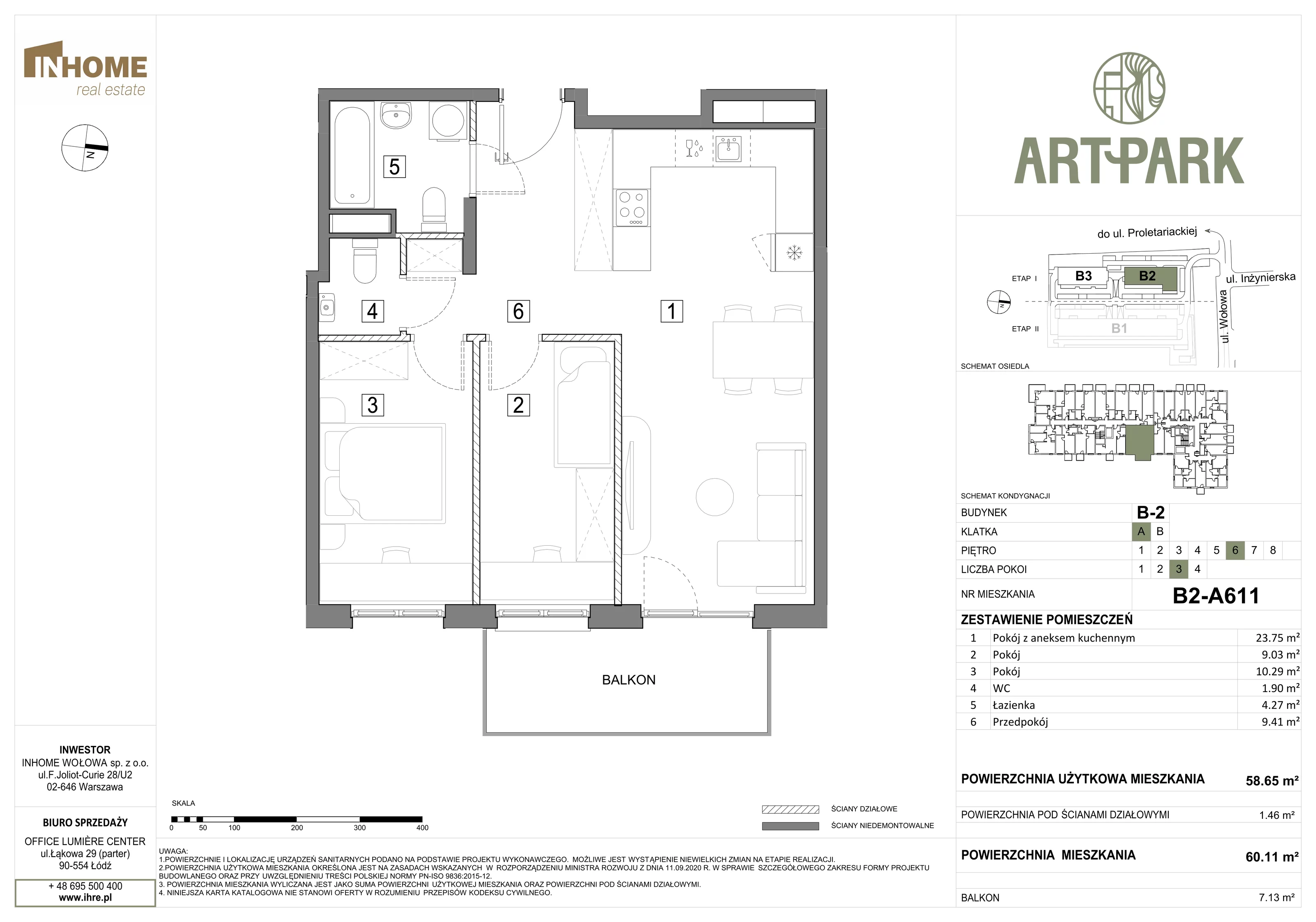 3 pokoje, mieszkanie 60,11 m², piętro 6, oferta nr B2/A611, ArtPark, Łódź, Polesie, ul. Wołowa