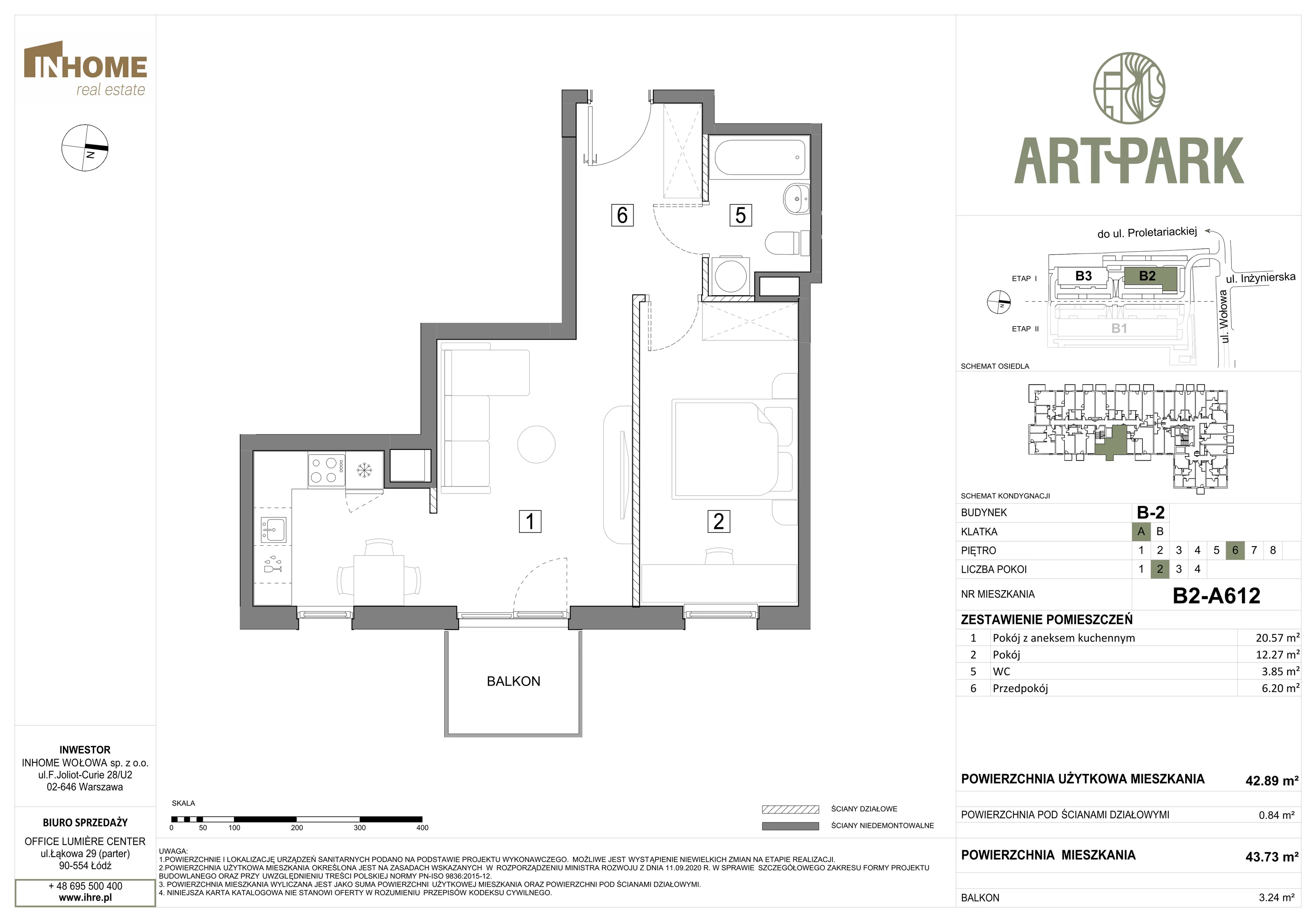 2 pokoje, mieszkanie 43,72 m², piętro 6, oferta nr B2/A612, ArtPark, Łódź, Polesie, ul. Wołowa