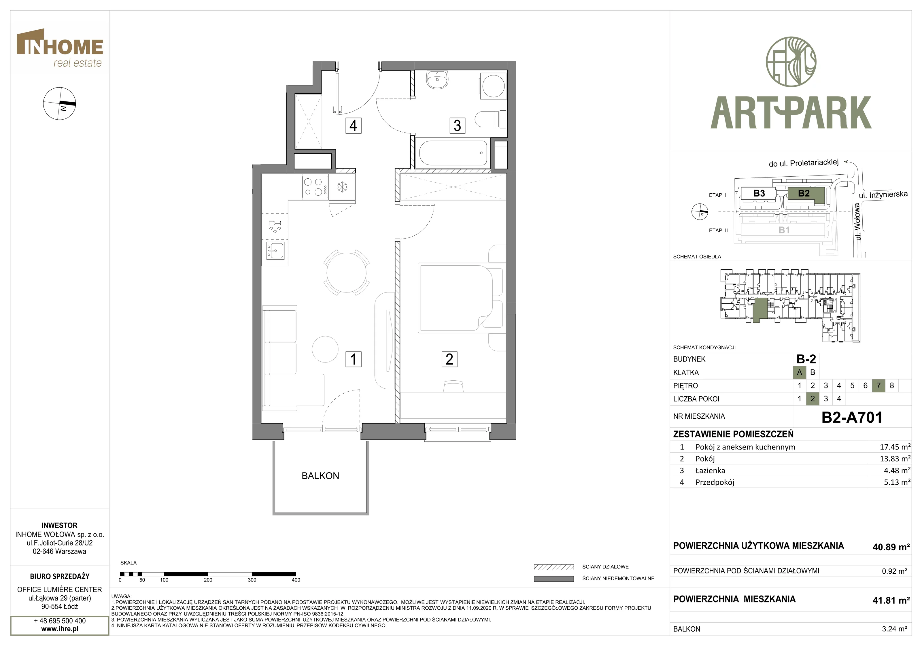 2 pokoje, mieszkanie 41,79 m², piętro 7, oferta nr B2/A701, ArtPark, Łódź, Polesie, ul. Wołowa