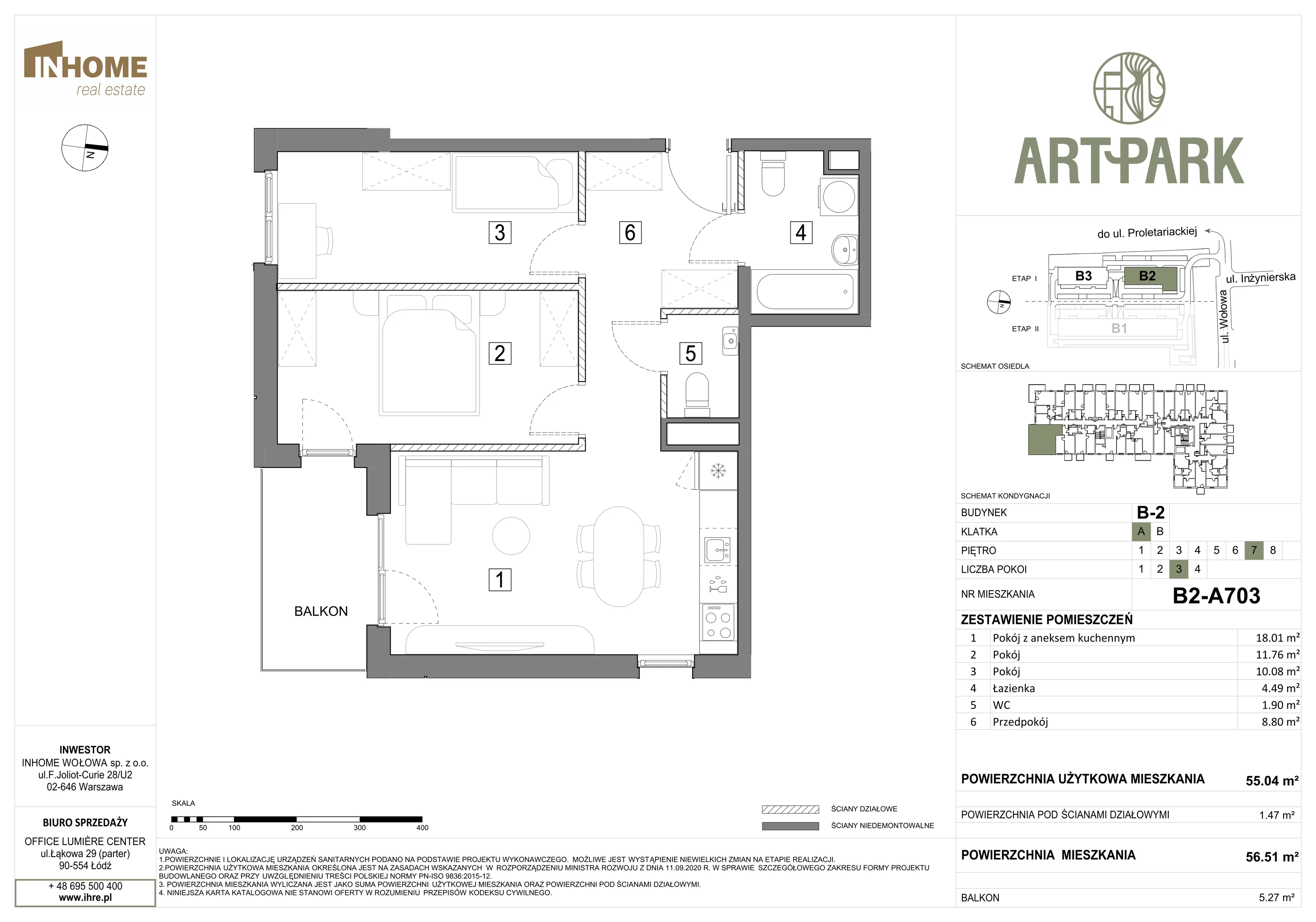 3 pokoje, mieszkanie 56,49 m², piętro 7, oferta nr B2/A703, ArtPark, Łódź, Polesie, ul. Wołowa