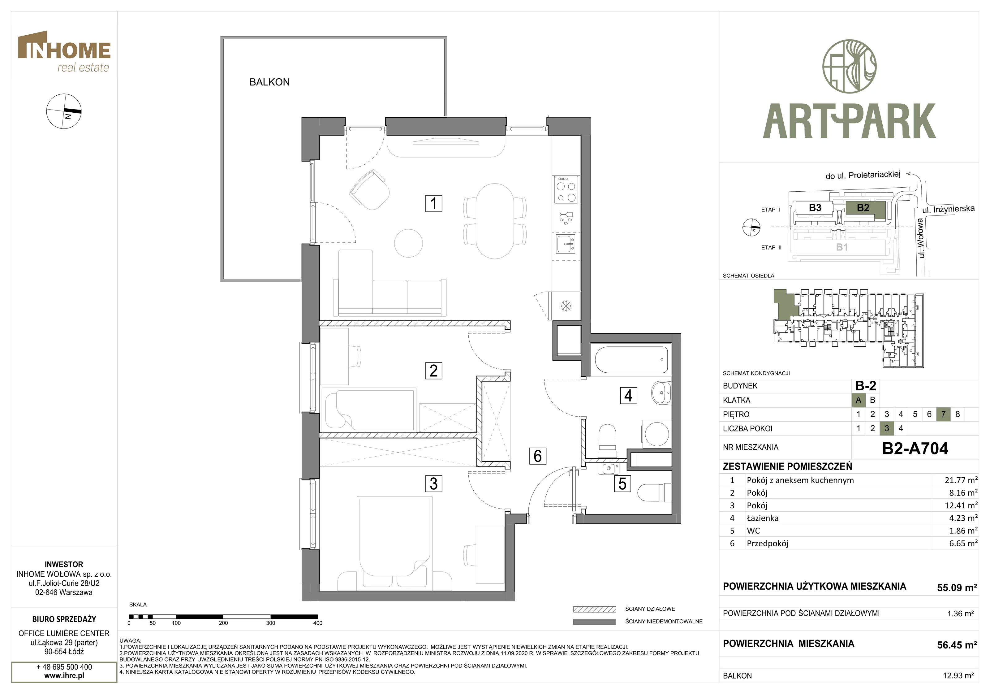 3 pokoje, mieszkanie 56,51 m², piętro 7, oferta nr B2/A704, ArtPark, Łódź, Polesie, ul. Wołowa